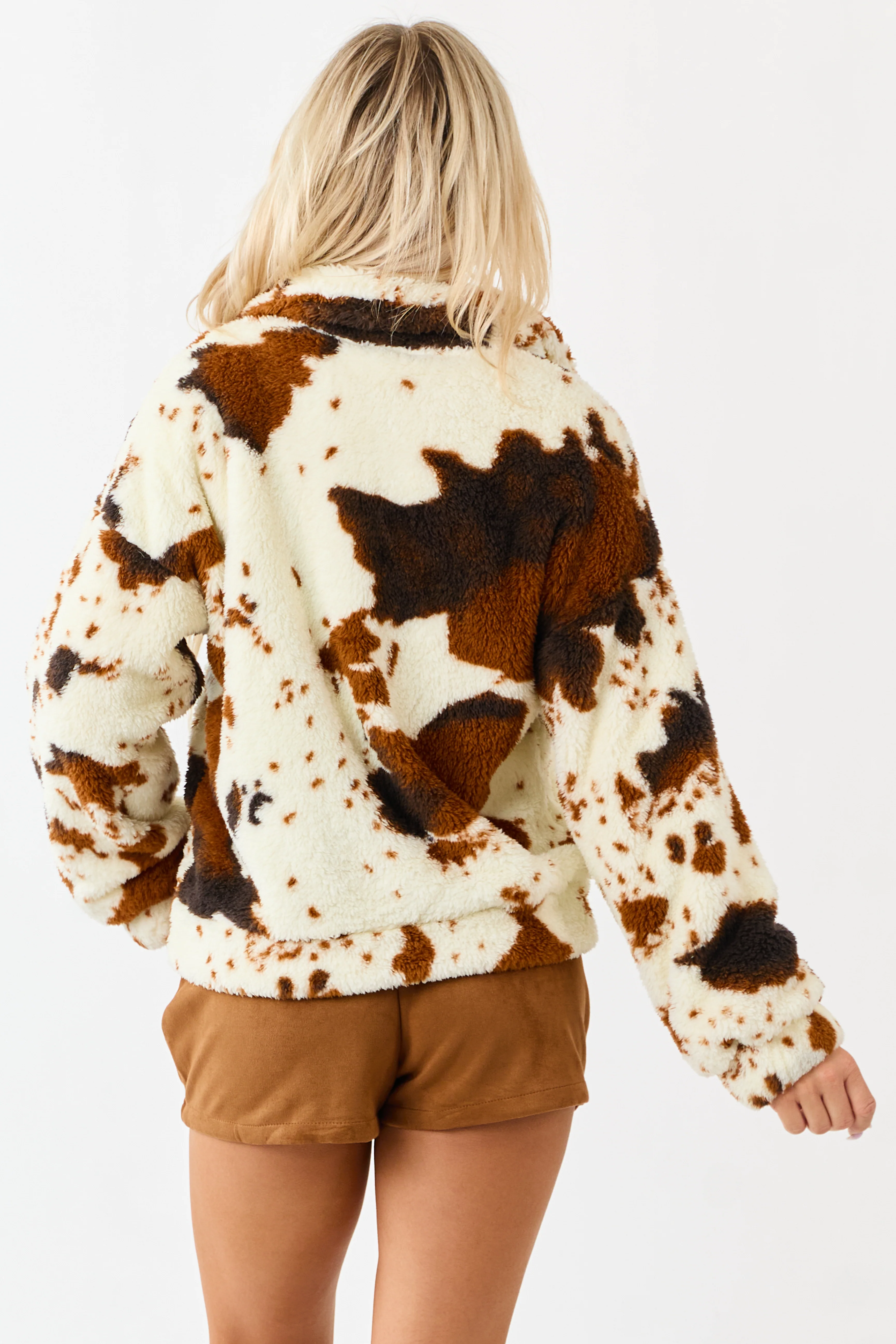 Lovelo Cream Cow Print Sherpa Zip Up Jacket - Image 7
