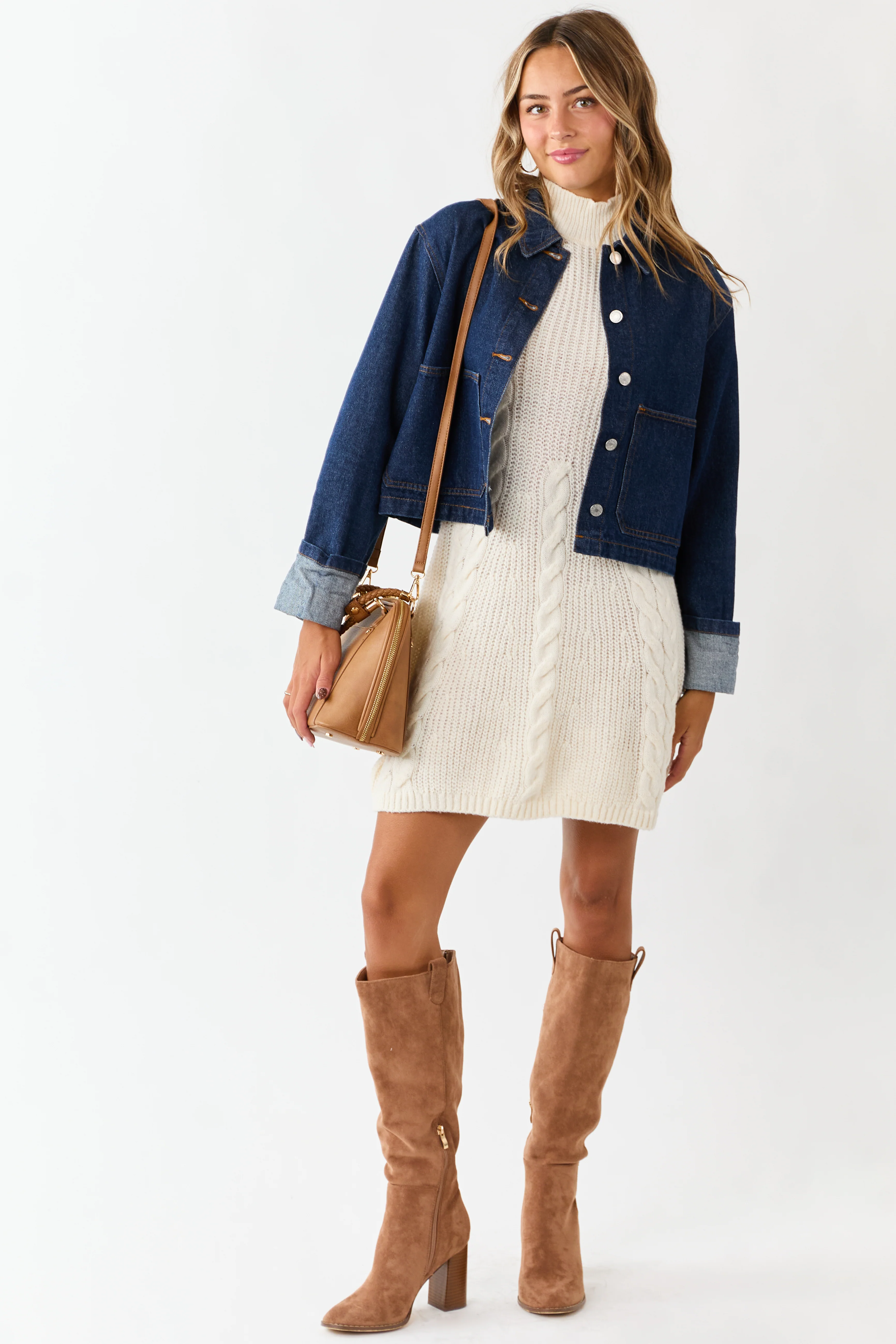 Lovelo Cream Mock Neck Cable Sweater Short Dress - Image 5