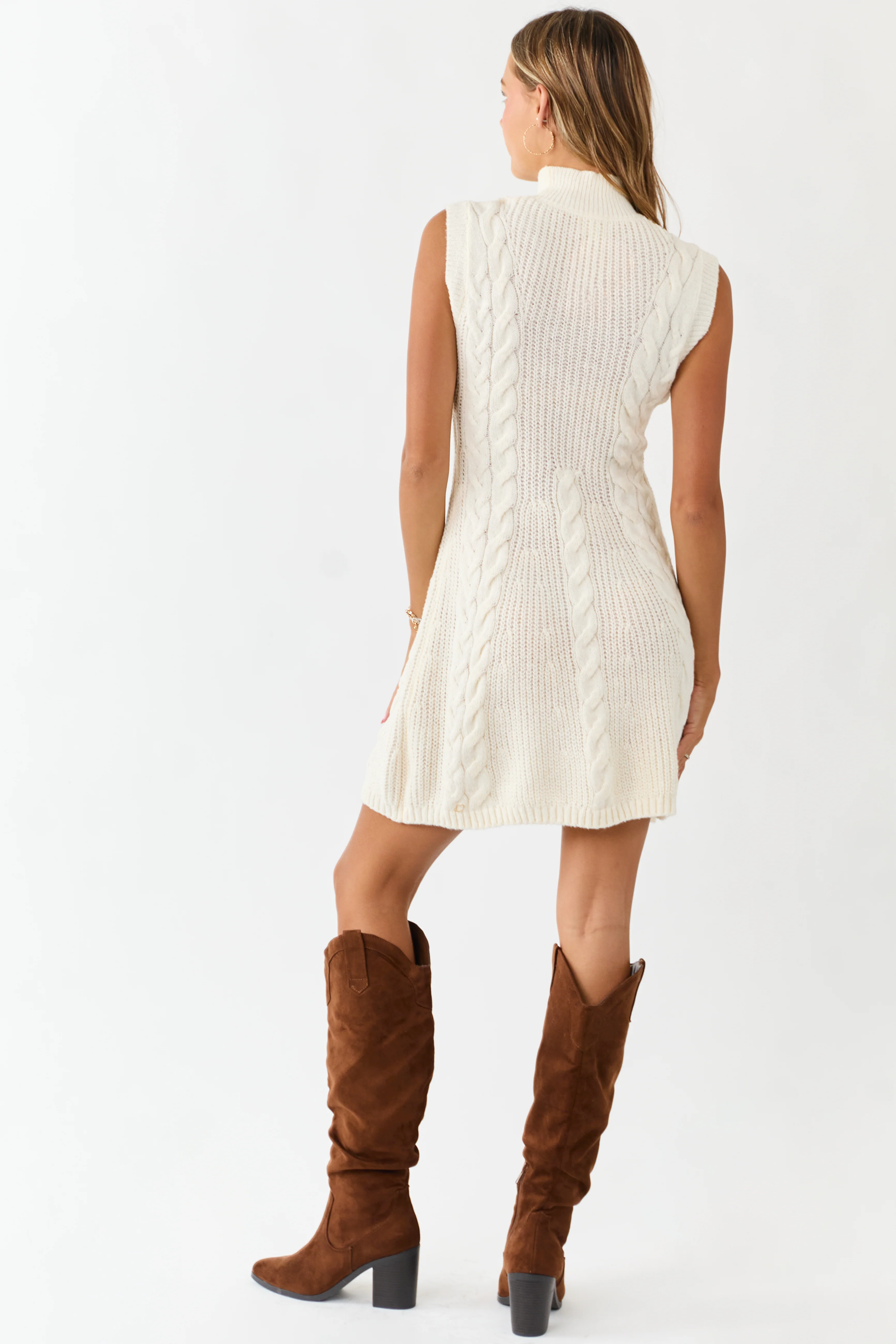 Lovelo Cream Mock Neck Cable Sweater Short Dress - Image 7