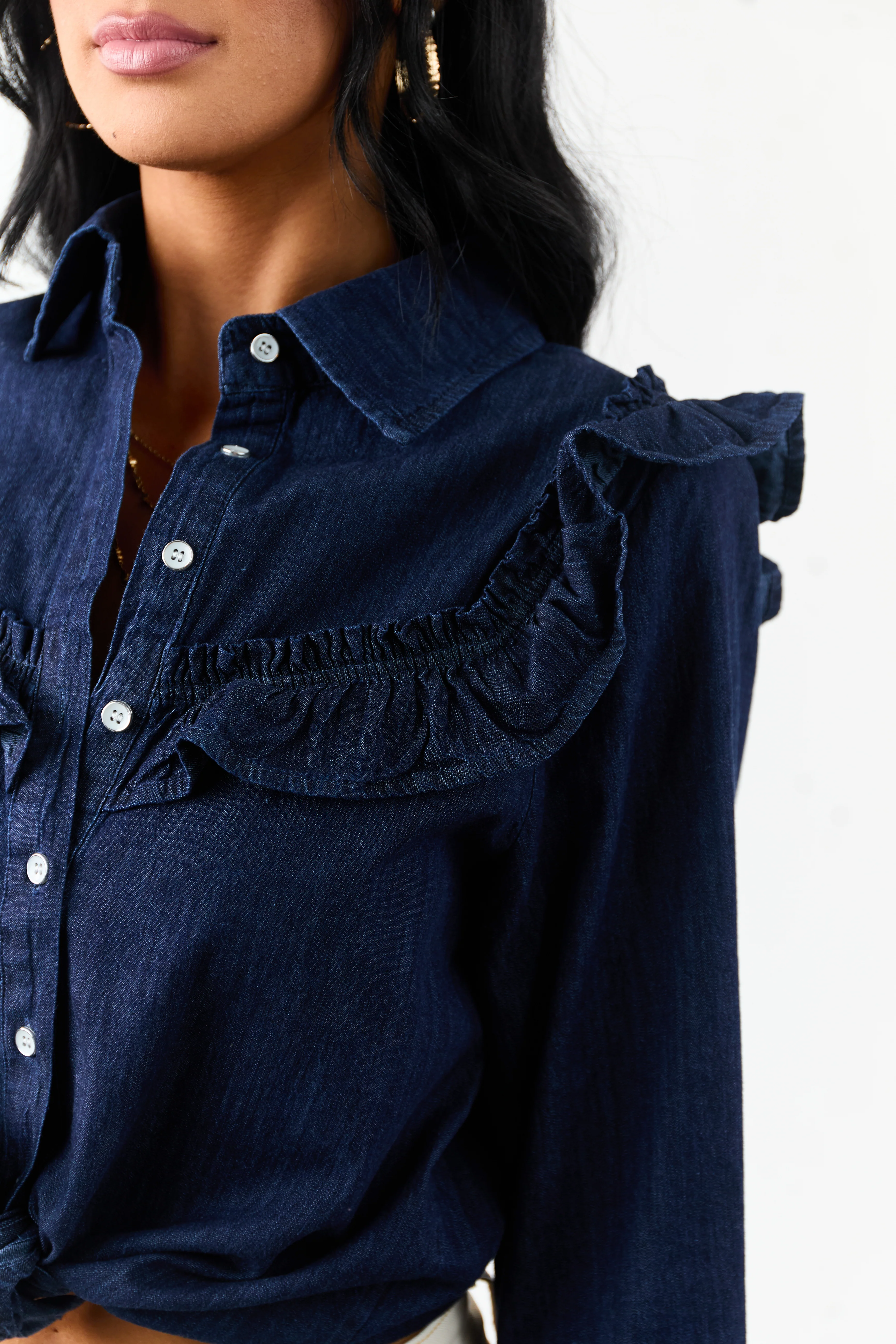 Lovelo Dark Denim Button Up Ruffled Long Sleeve Top - Image 8
