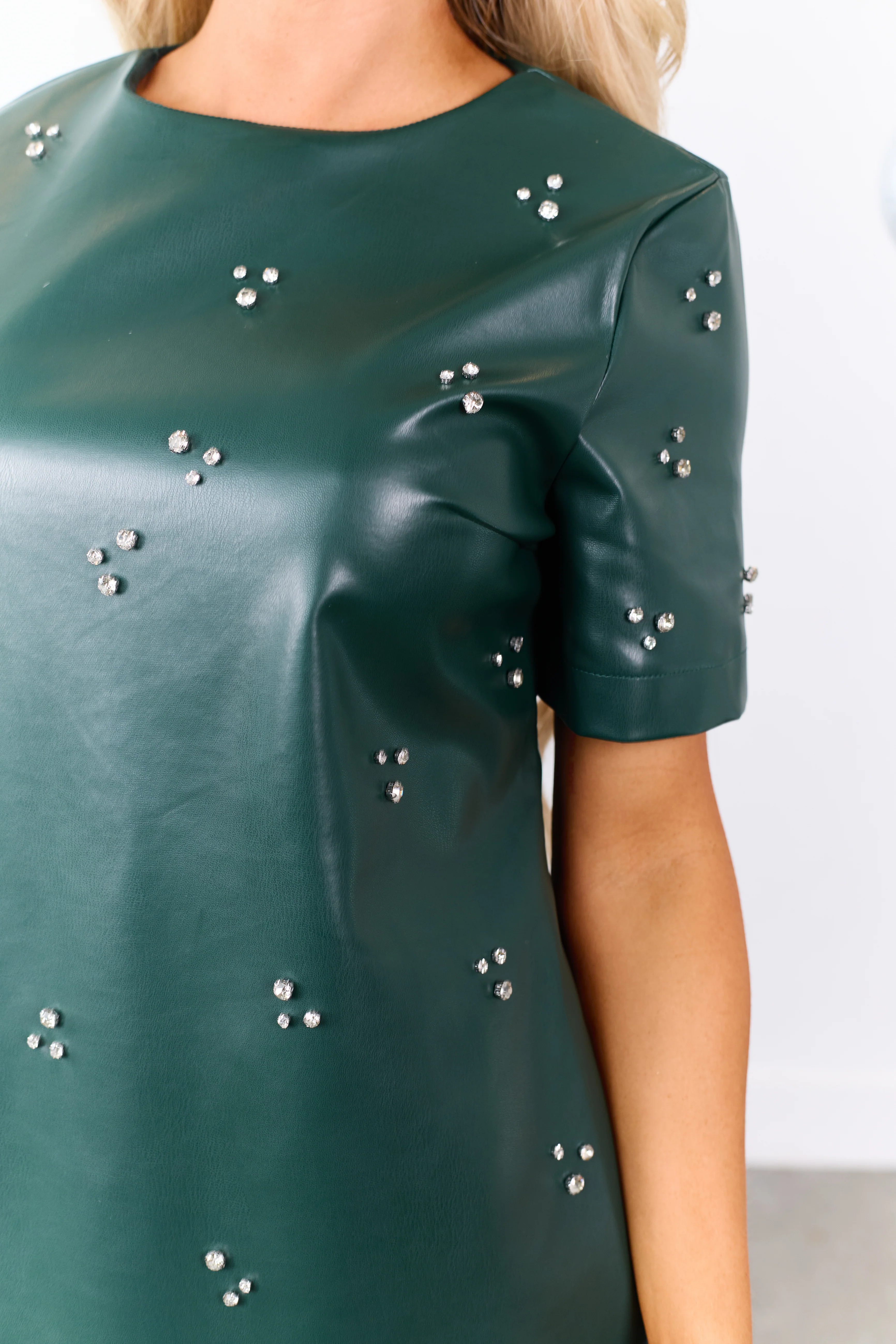 Lovelo Forest Green Faux Leather Rhinestone Mini Dress - Image 3