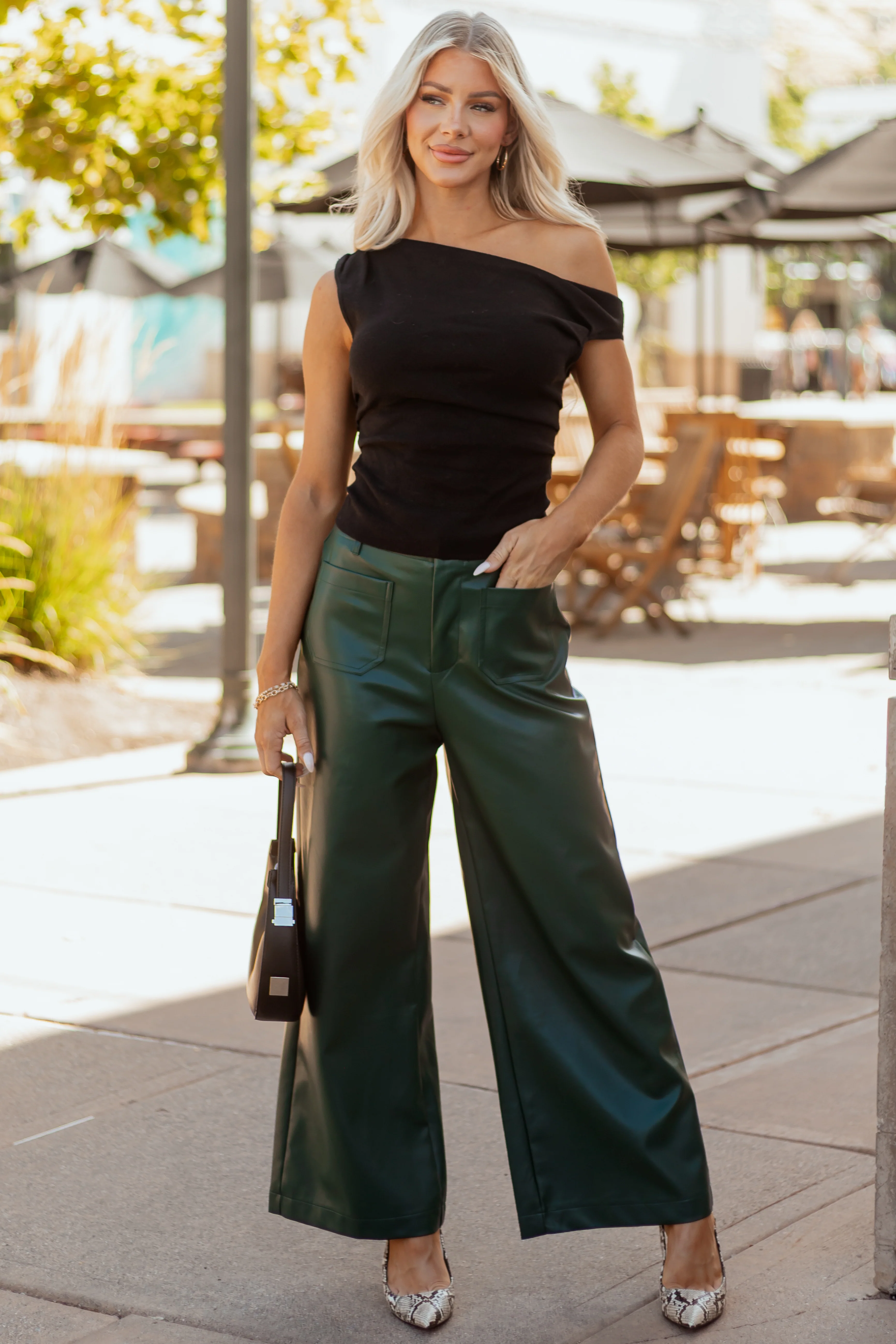 Lovelo Forest Green Faux Leather Wide Leg Pants - Image 3