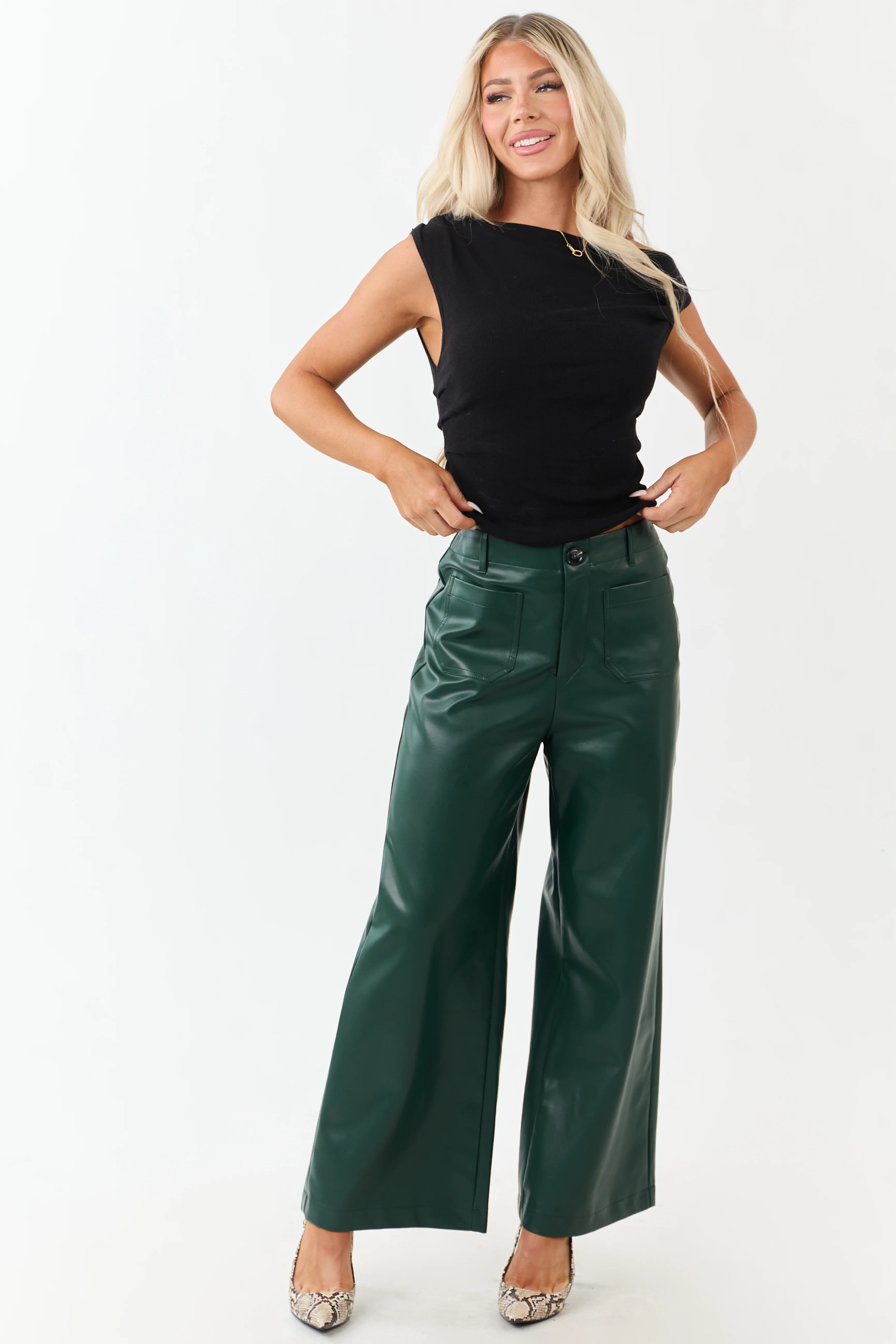 Lovelo Forest Green Faux Leather Wide Leg Pants - Image 4
