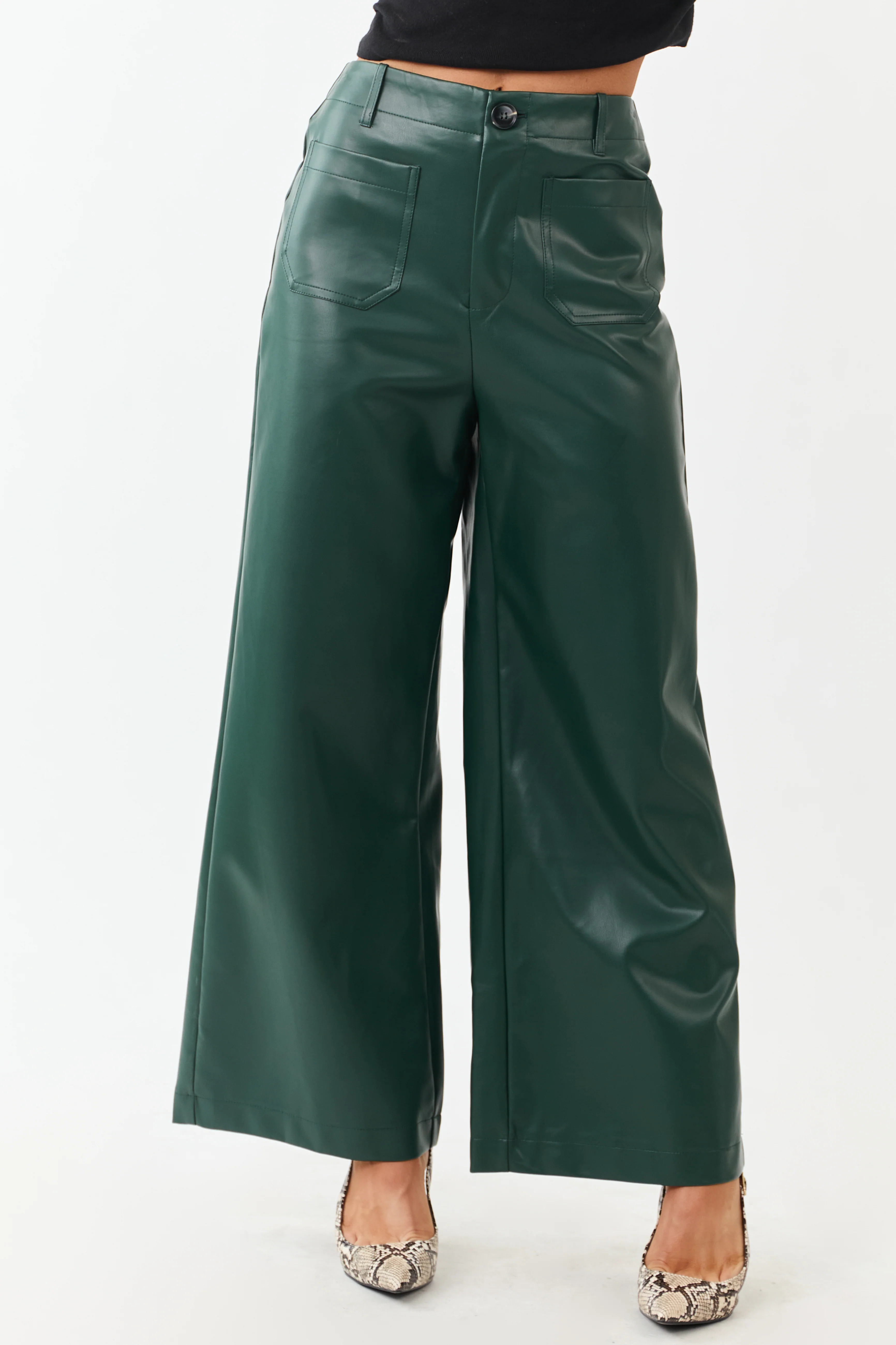 Lovelo Forest Green Faux Leather Wide Leg Pants - Image 5