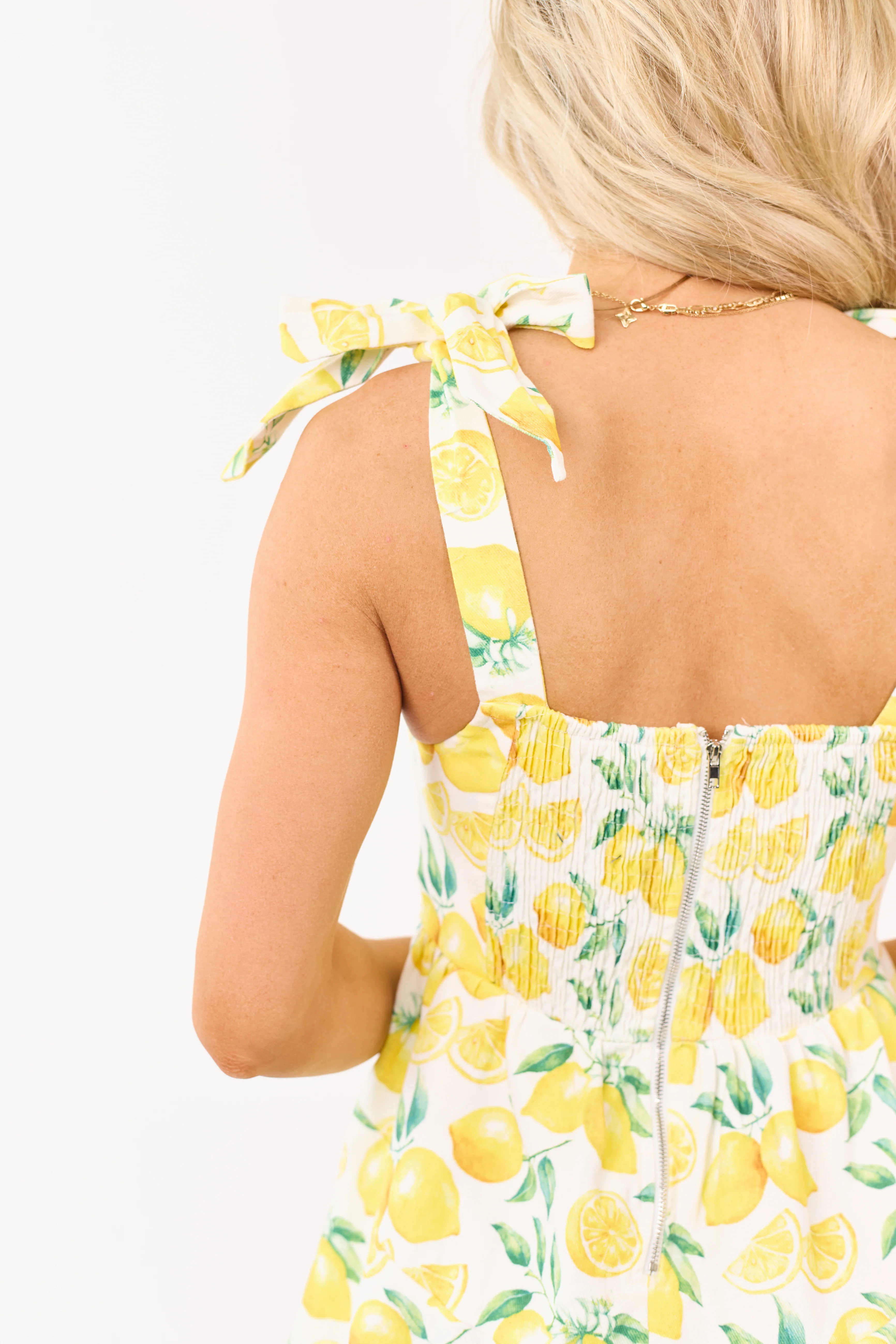 Lovelo Ivory Lemon Print Denim Sleeveless Mini Dress - Image 6