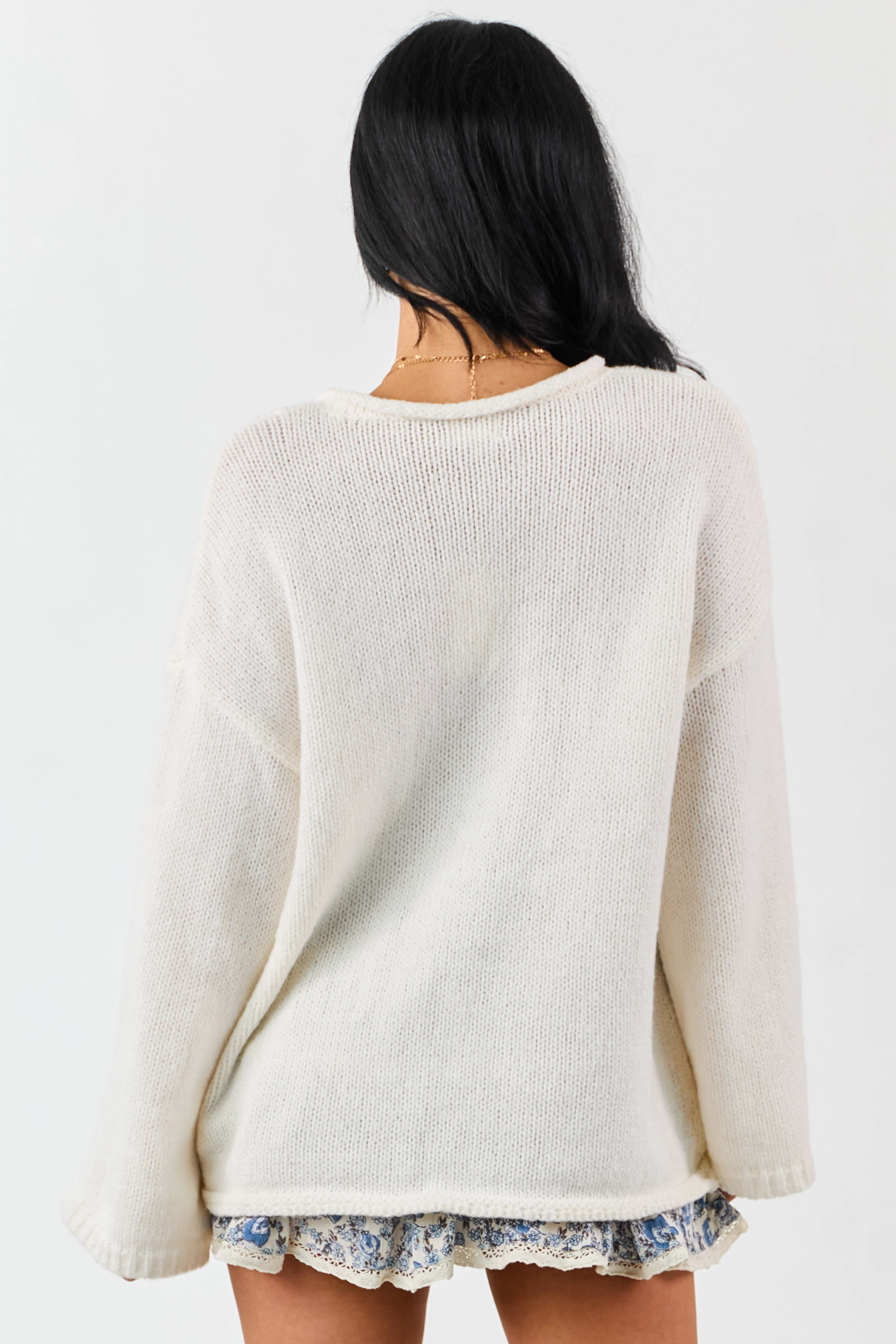 Lovelo Ivory V Neck Long Sleeve Chunky Knit Sweater - Image 7