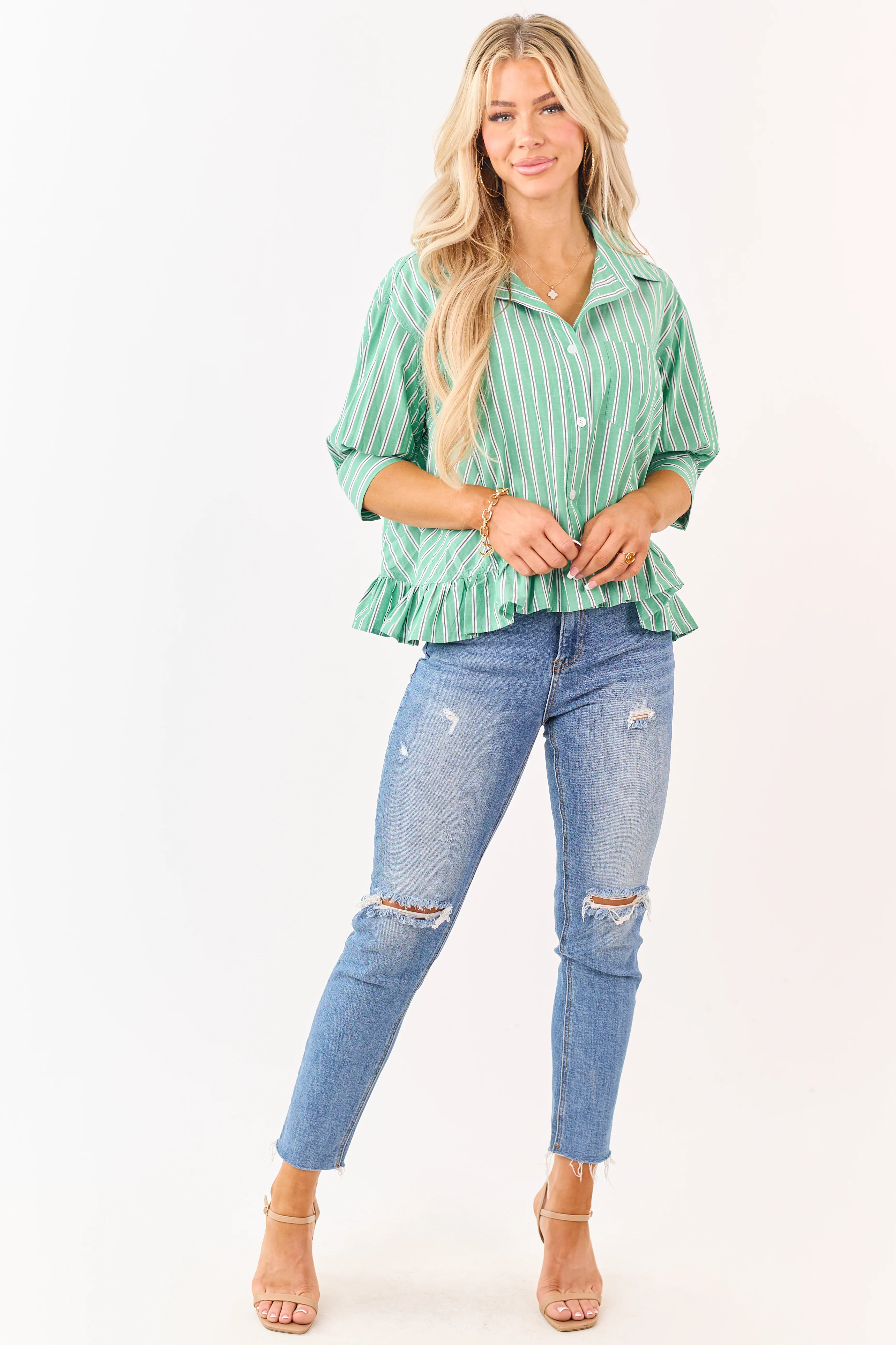 Lovelo Jade Cotton Striped Button Up Half Sleeve Top - Image 3