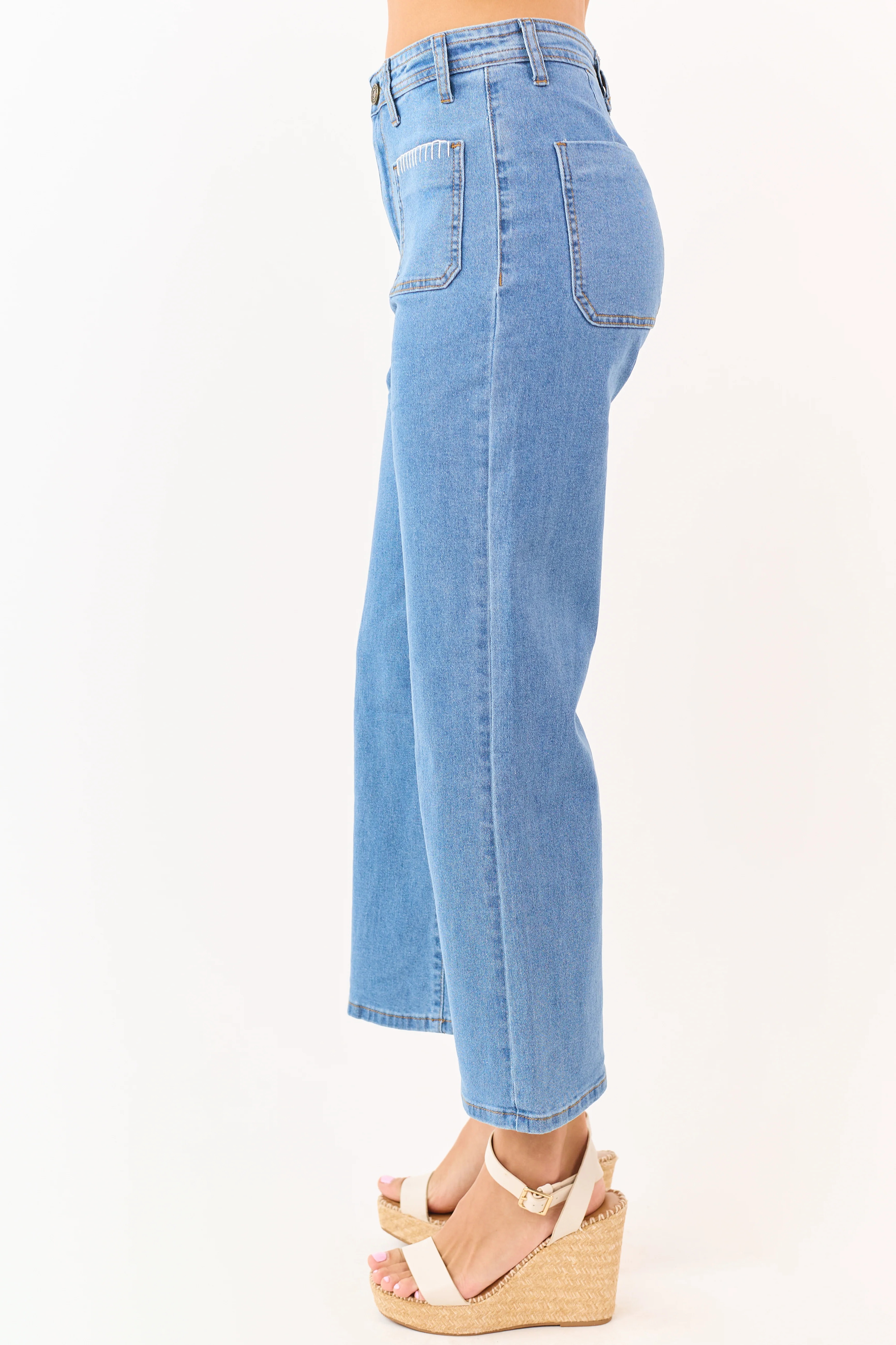 Lovelo Medium Wash Denim Stretchy Crop Straight Pants - Image 3