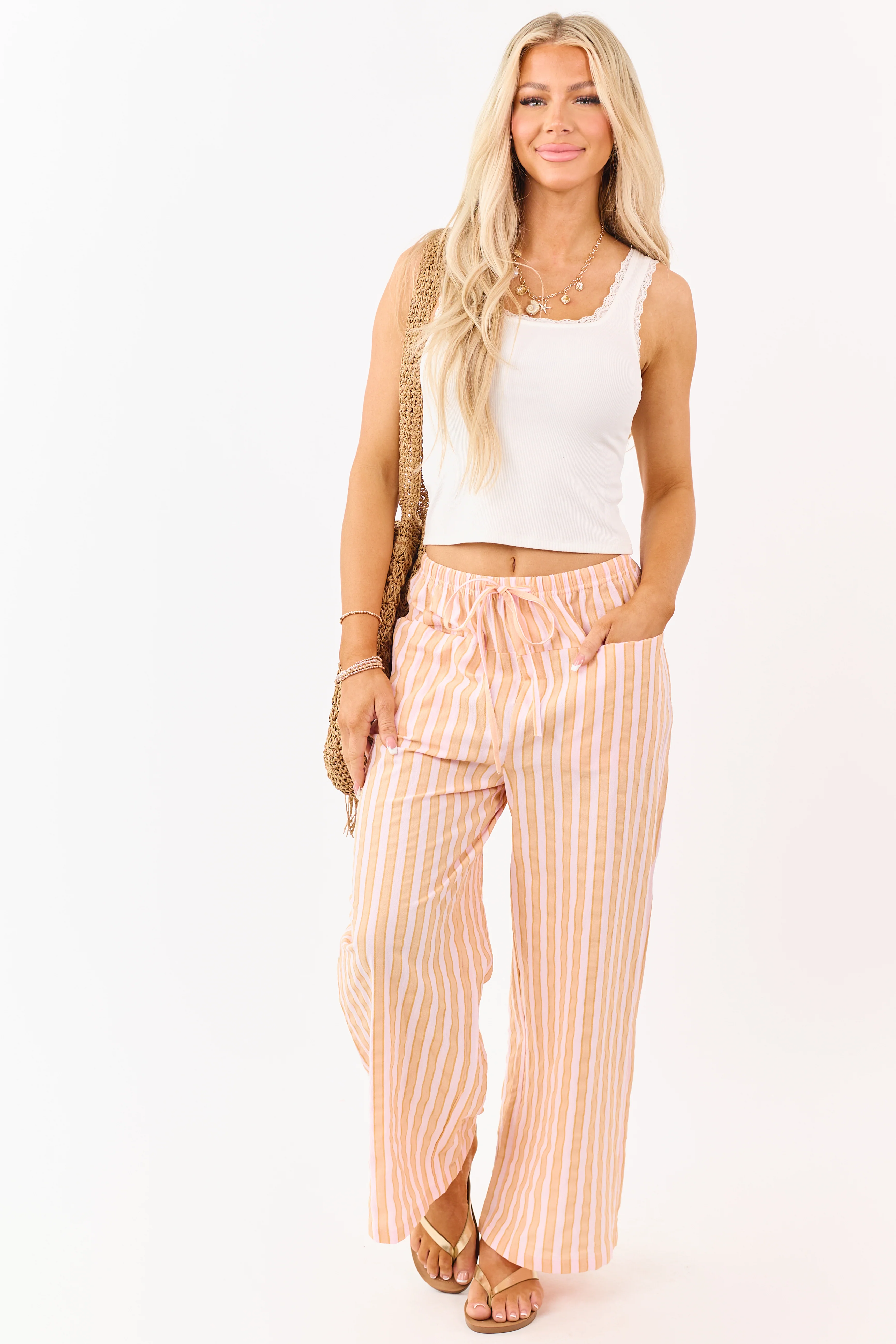 Lovelo Melon Cotton Striped Wide Leg Pants - Image 5