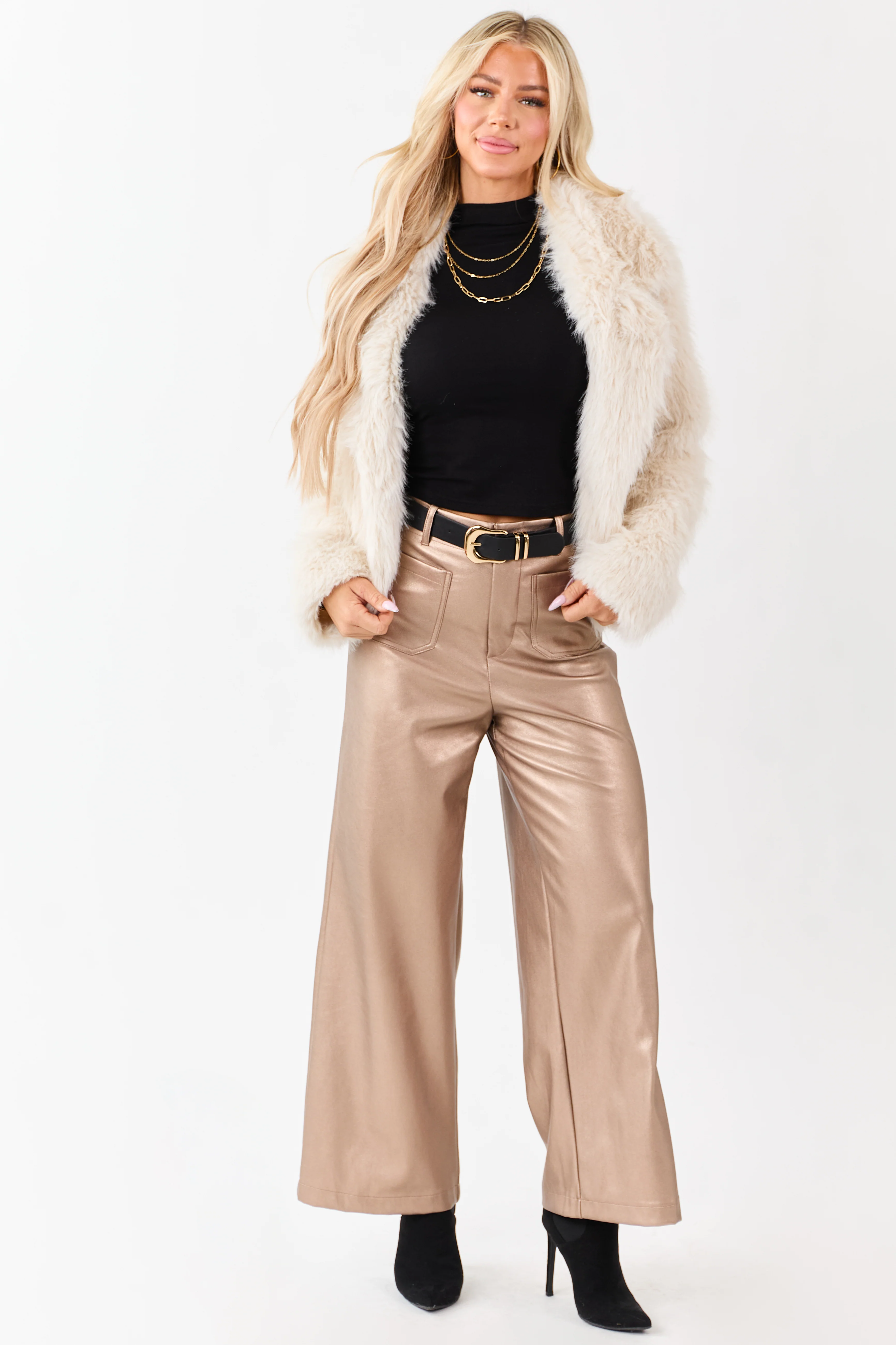 Lovelo Metallic Bronze Wide Leg Faux Leather Pants