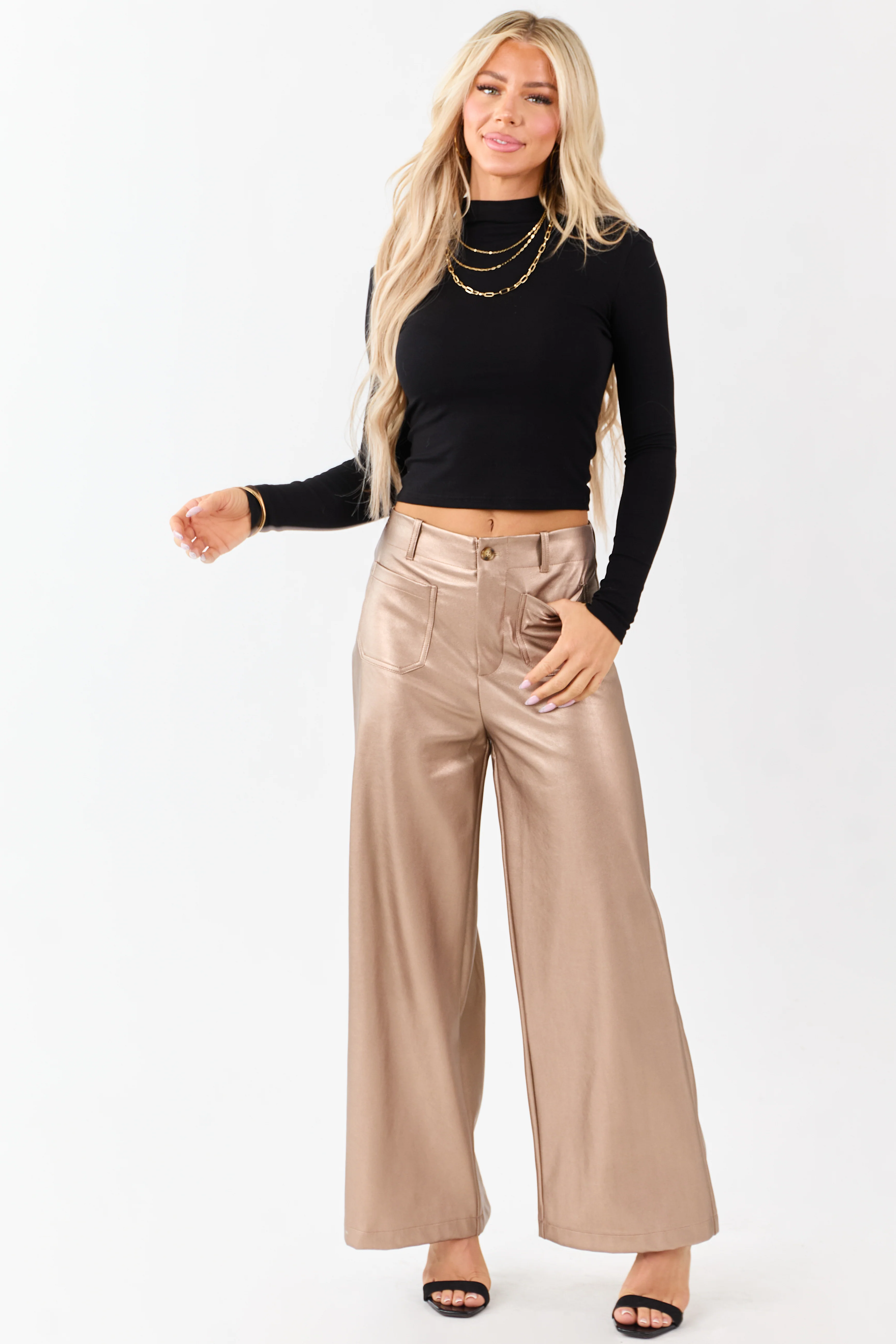 Lovelo Metallic Bronze Wide Leg Faux Leather Pants - Image 7