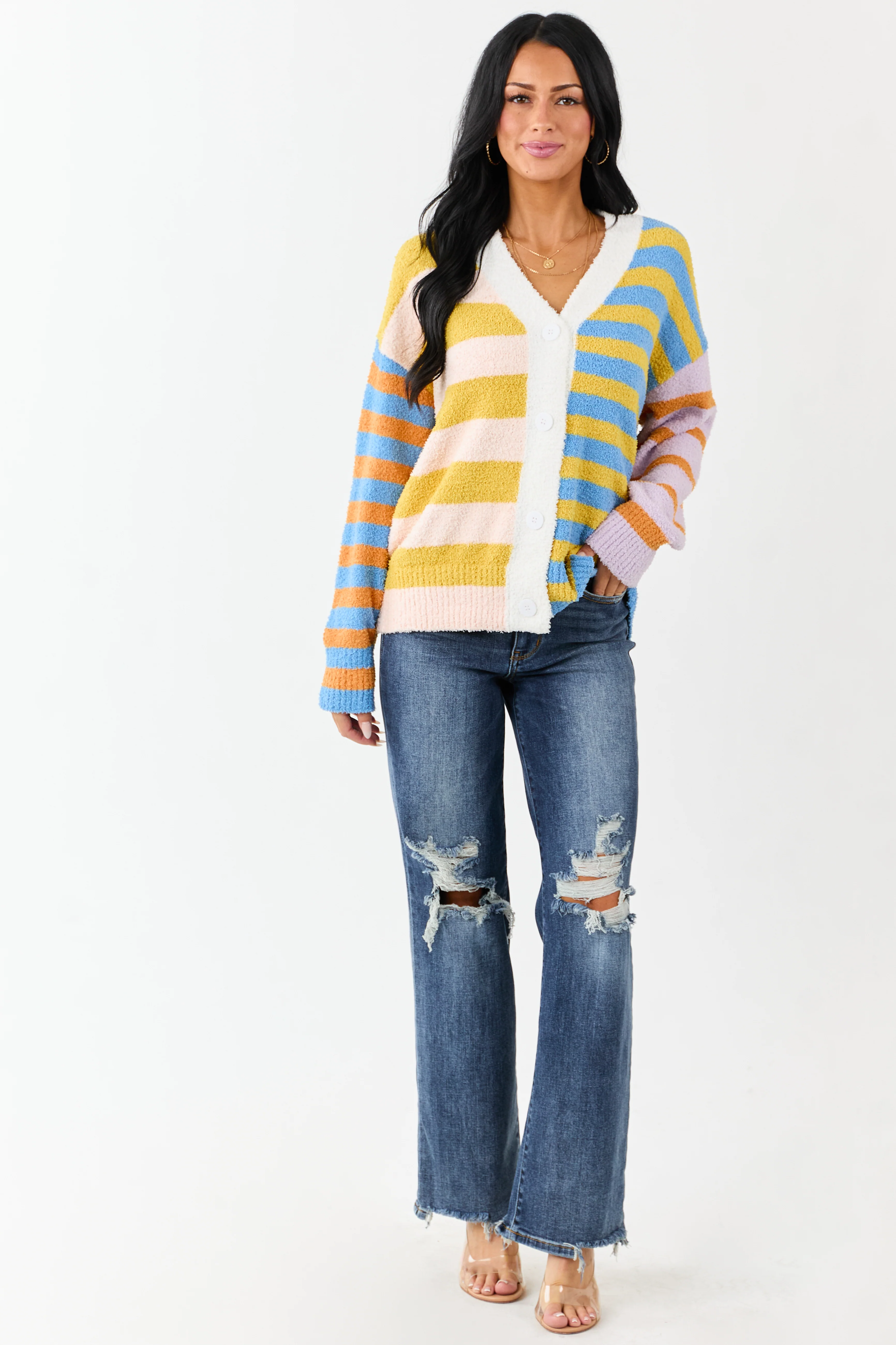Lovelo Multicolor Striped Button Up Fuzzy Cardigan - Image 2