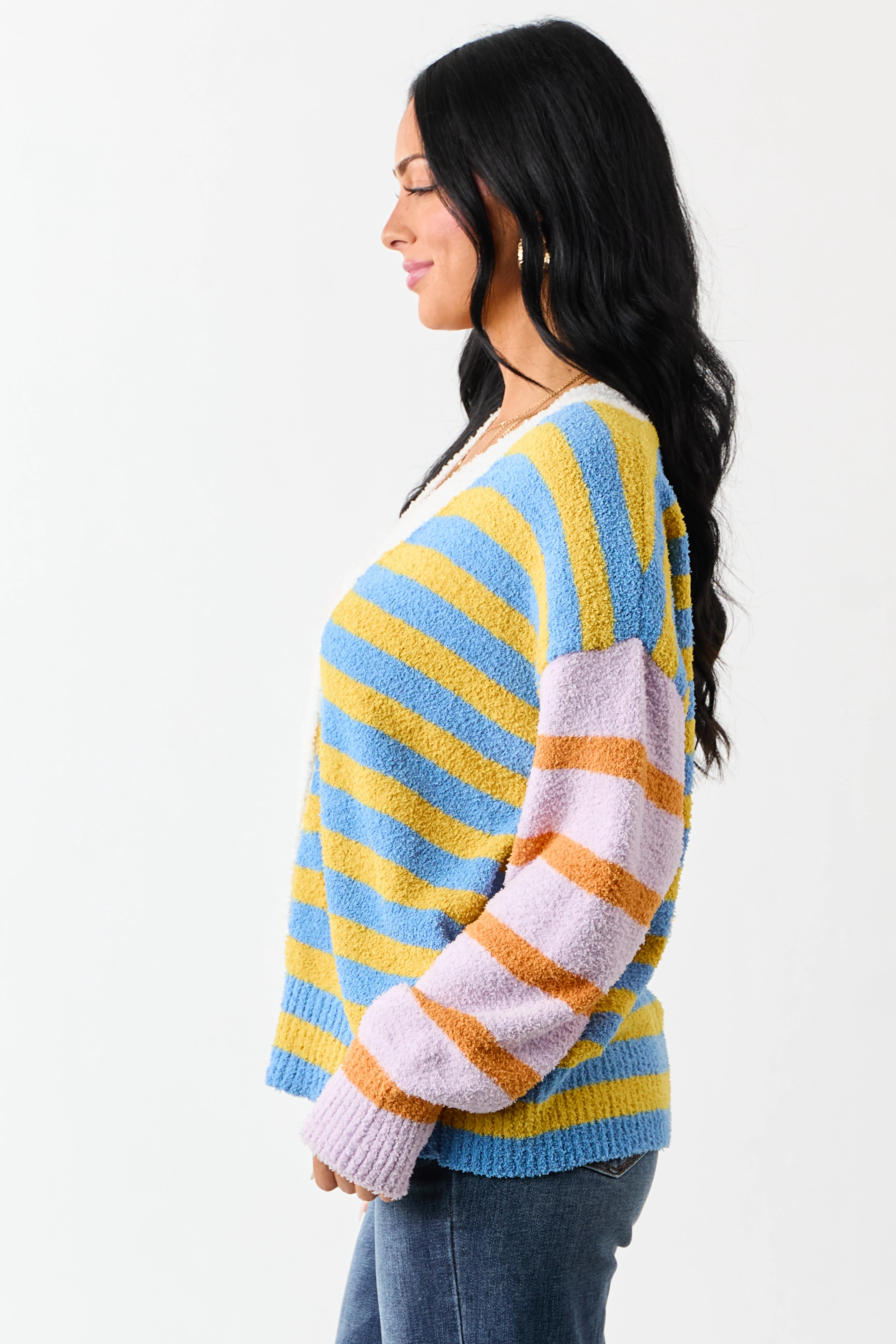 Lovelo Multicolor Striped Button Up Fuzzy Cardigan - Image 4