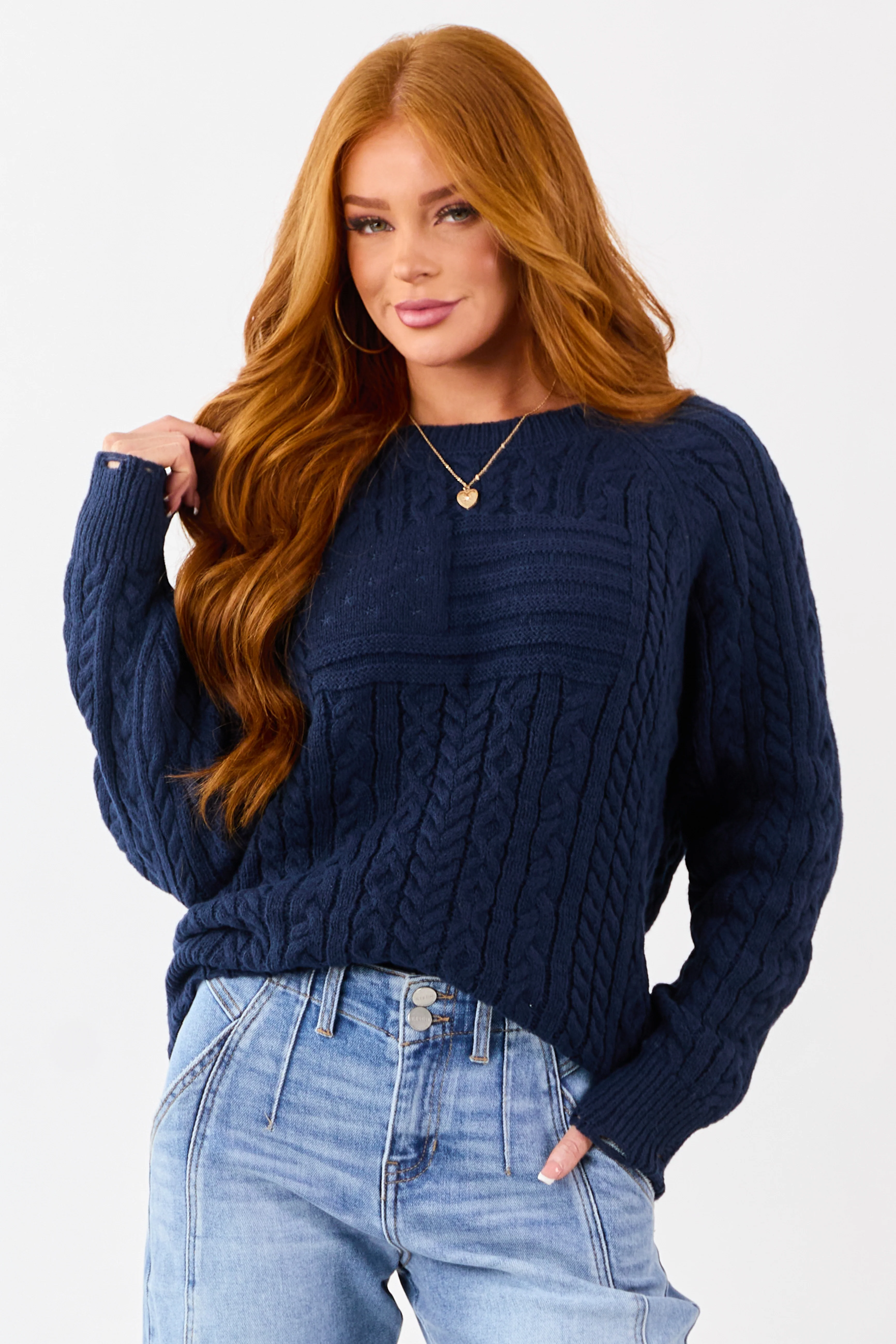 Lovelo Navy Cable Knit American Flag Detail Sweater