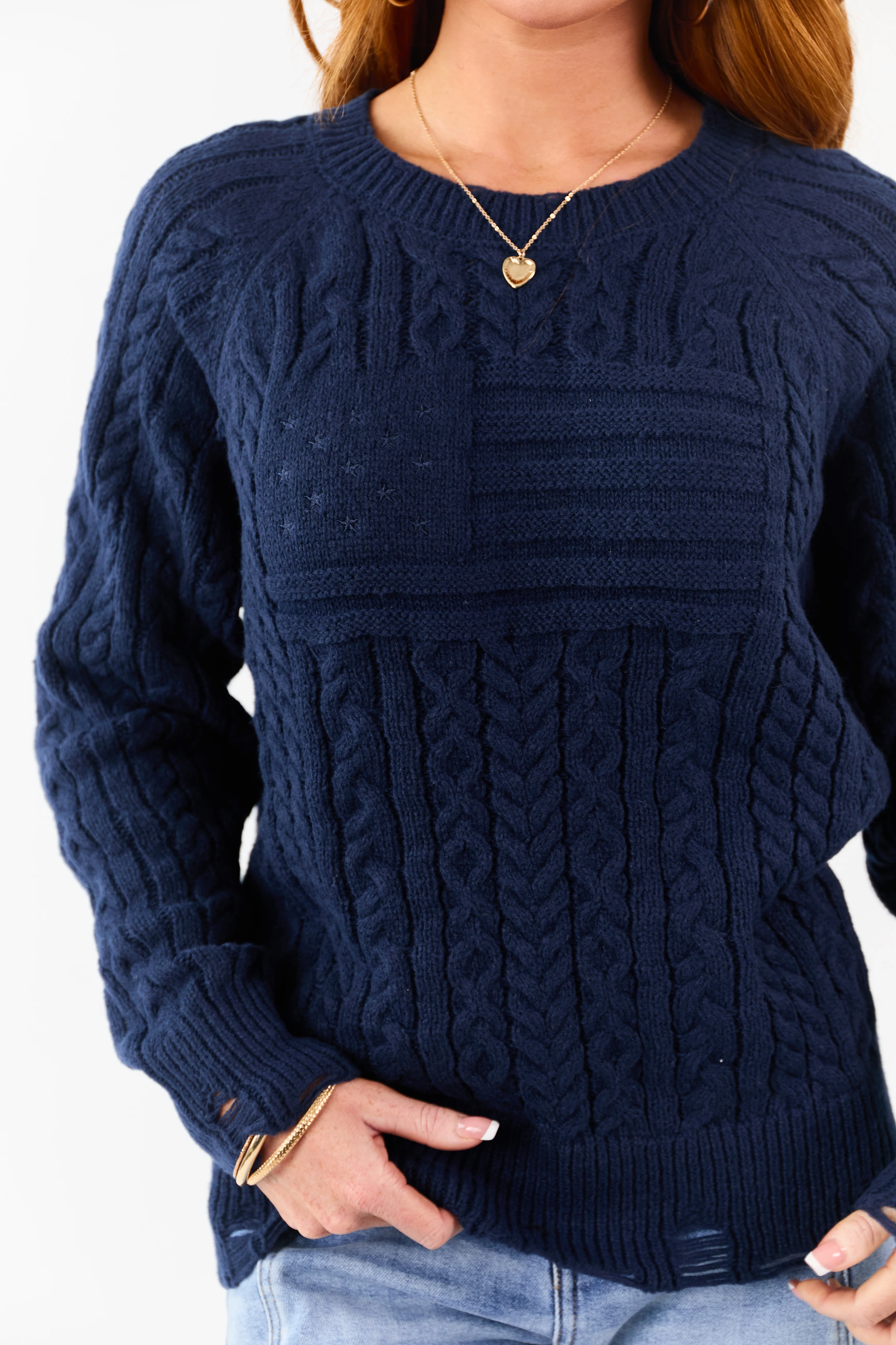 Lovelo Navy Cable Knit American Flag Detail Sweater - Image 2