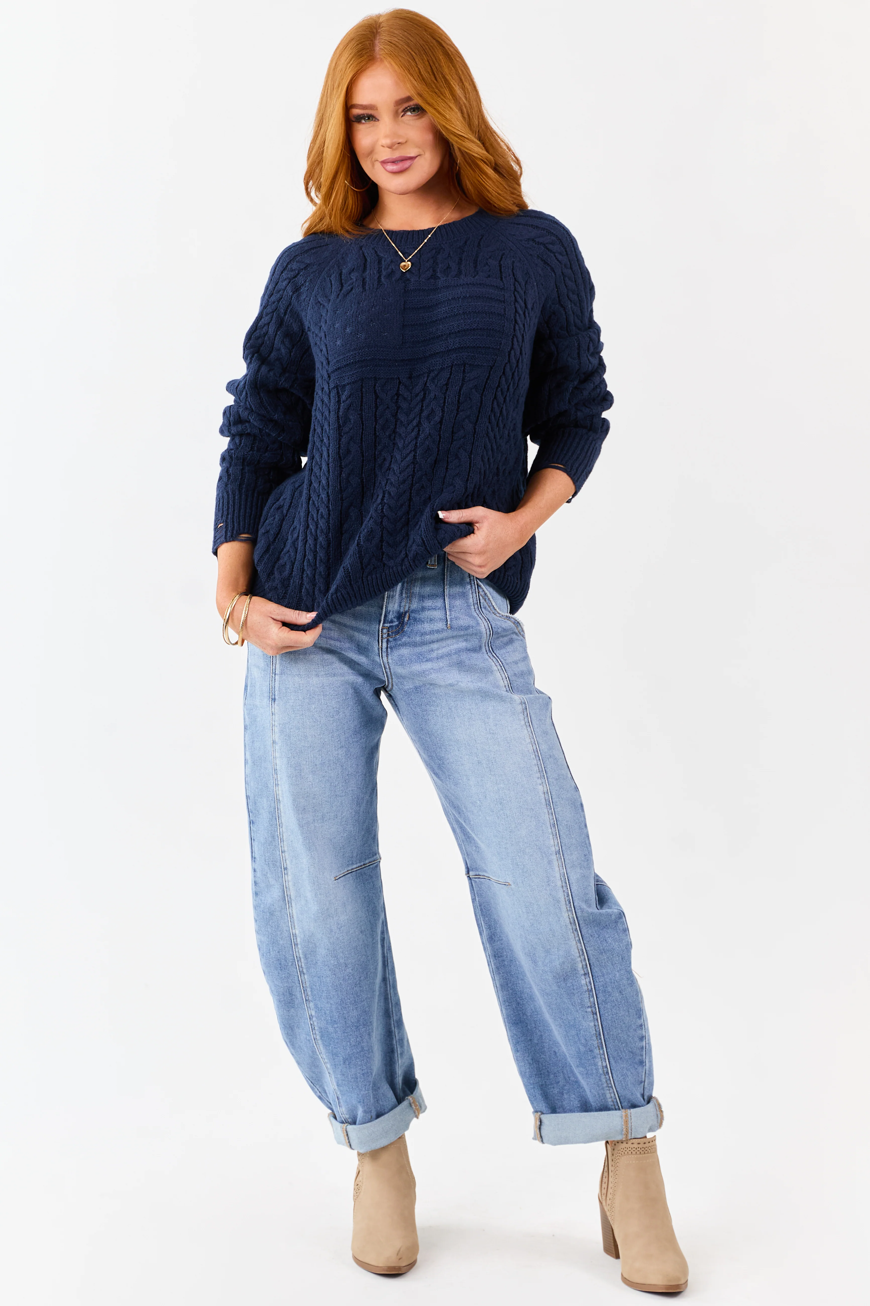 Lovelo Navy Cable Knit American Flag Detail Sweater - Image 3