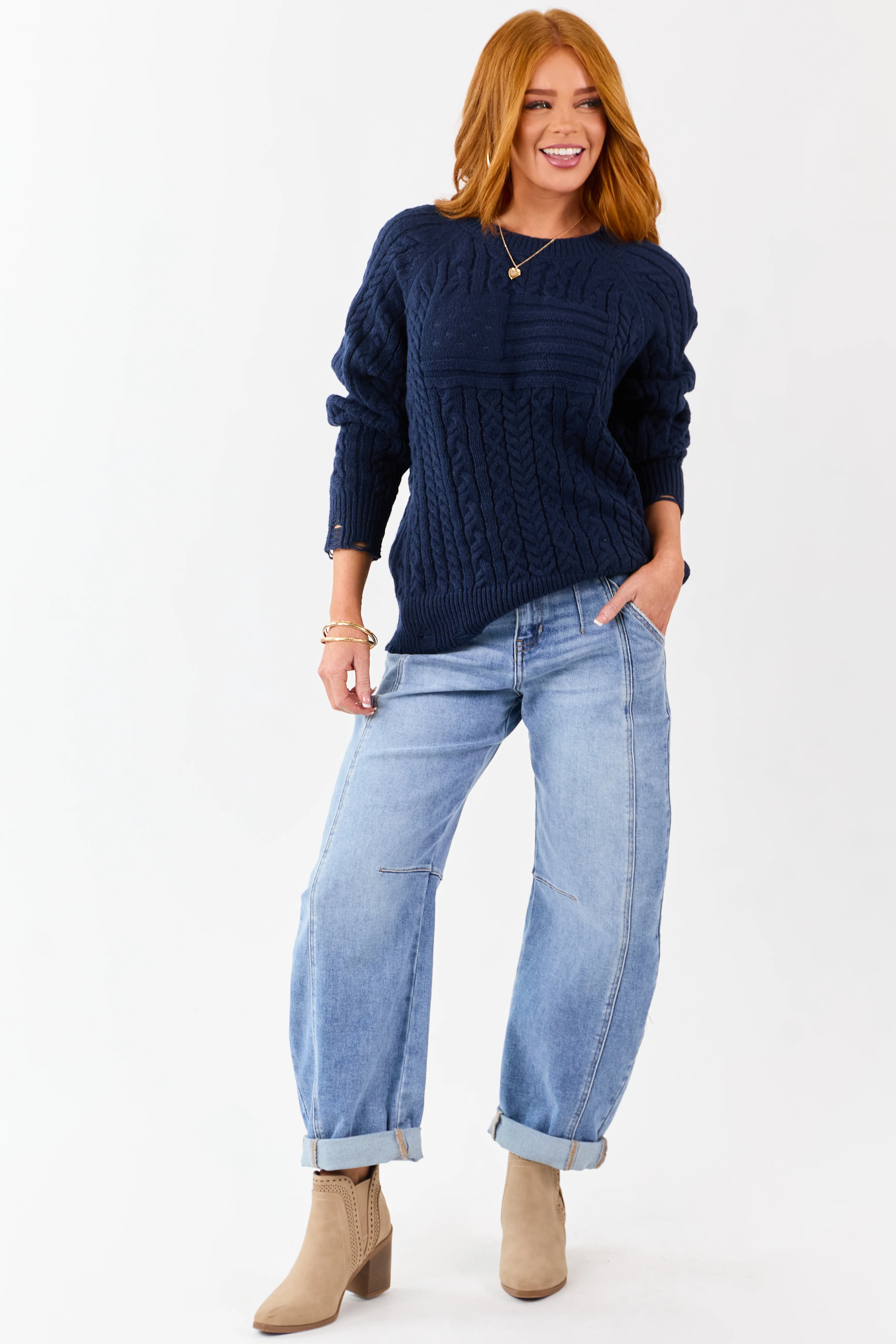 Lovelo Navy Cable Knit American Flag Detail Sweater - Image 4