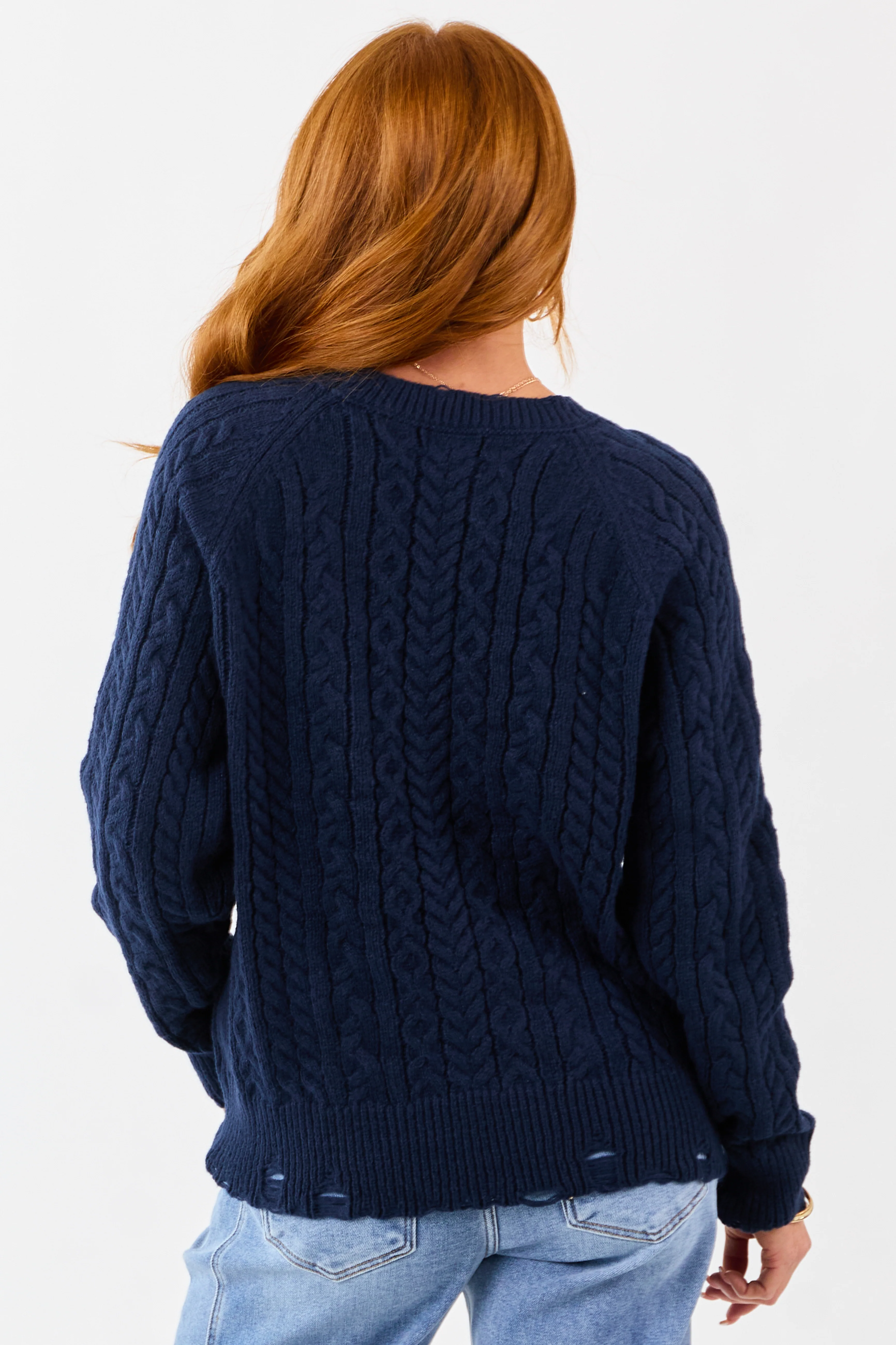 Lovelo Navy Cable Knit American Flag Detail Sweater - Image 6