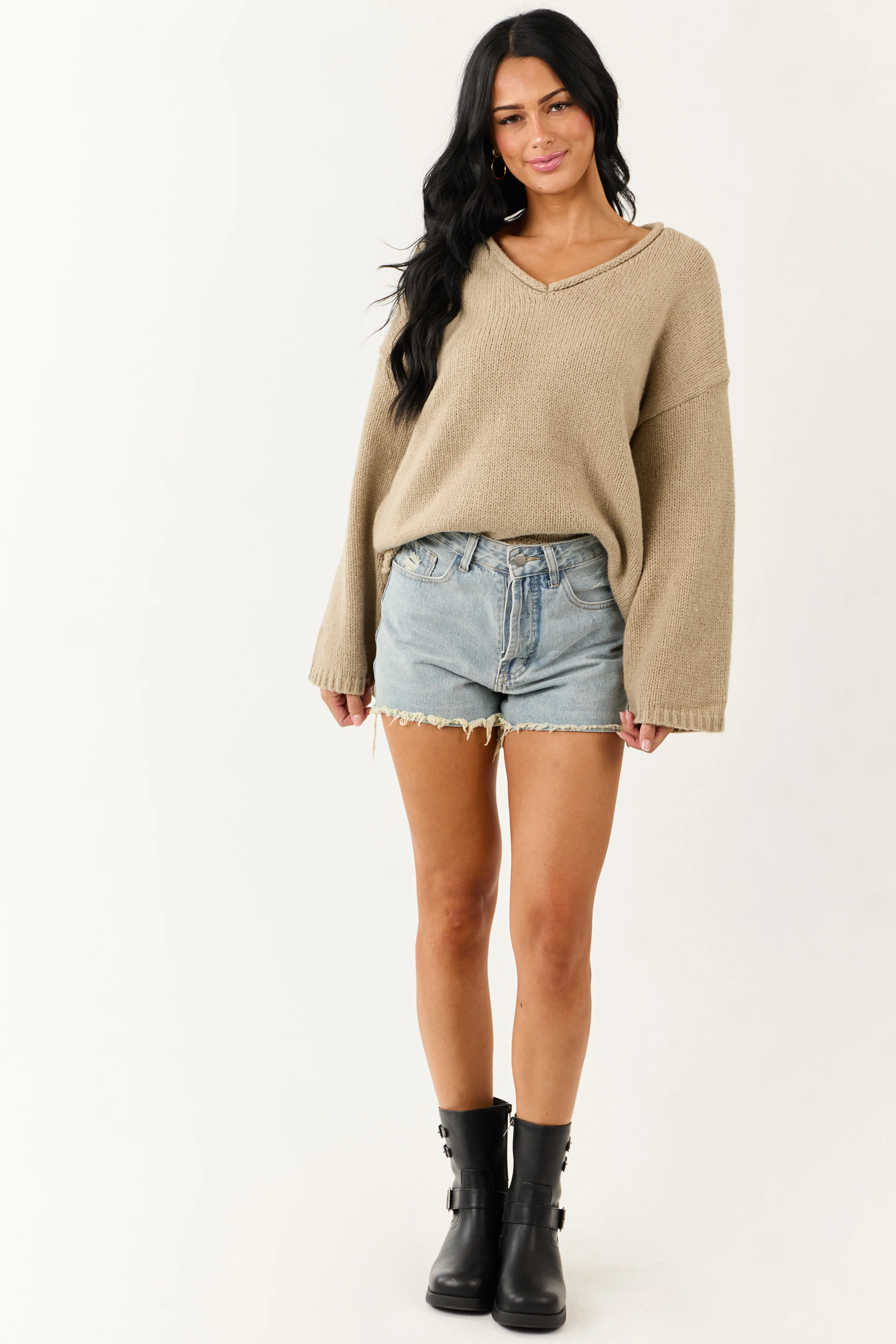 Lovelo Oatmeal V Neck Long Sleeve Chunky Knit Sweater - Image 3