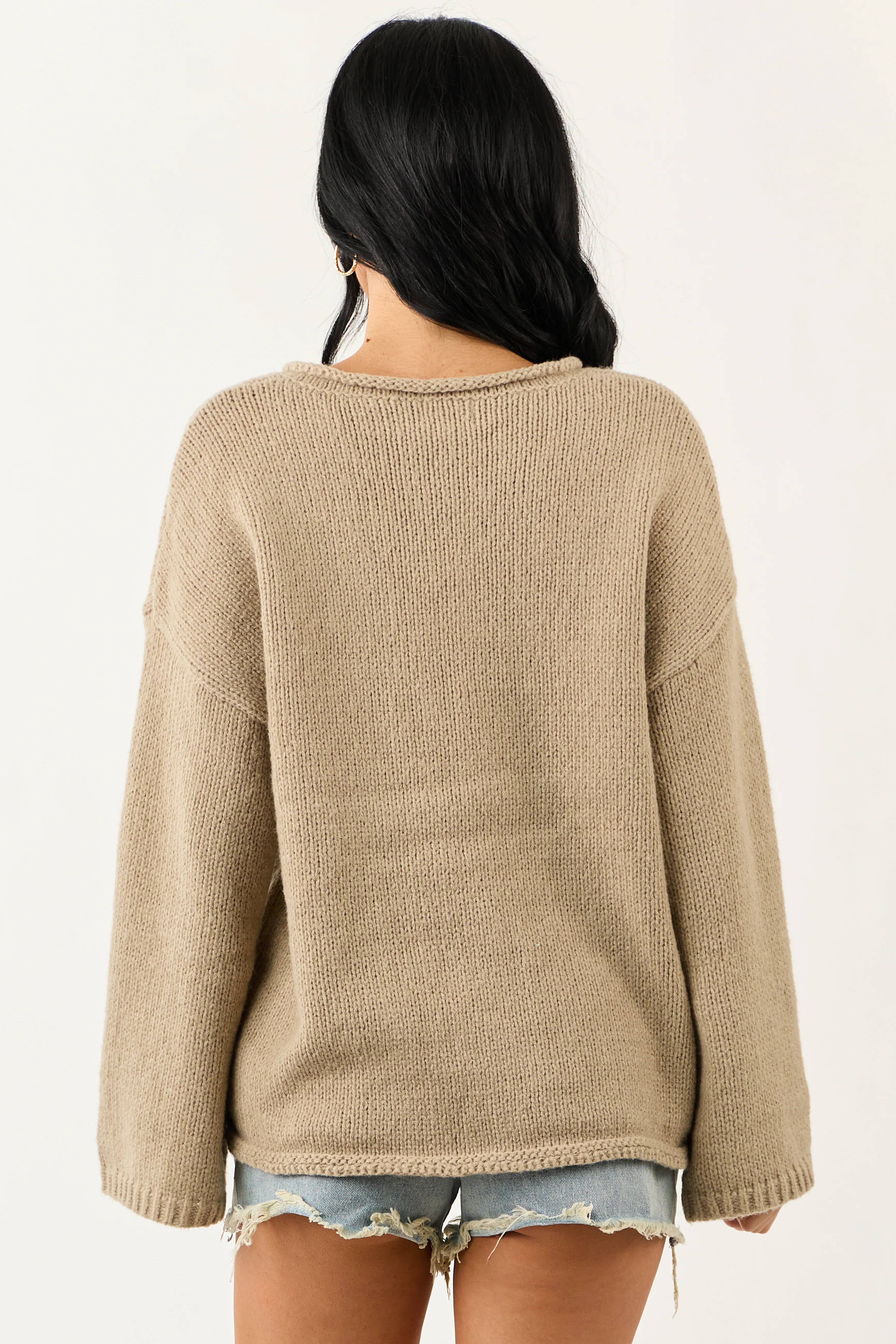 Lovelo Oatmeal V Neck Long Sleeve Chunky Knit Sweater - Image 5