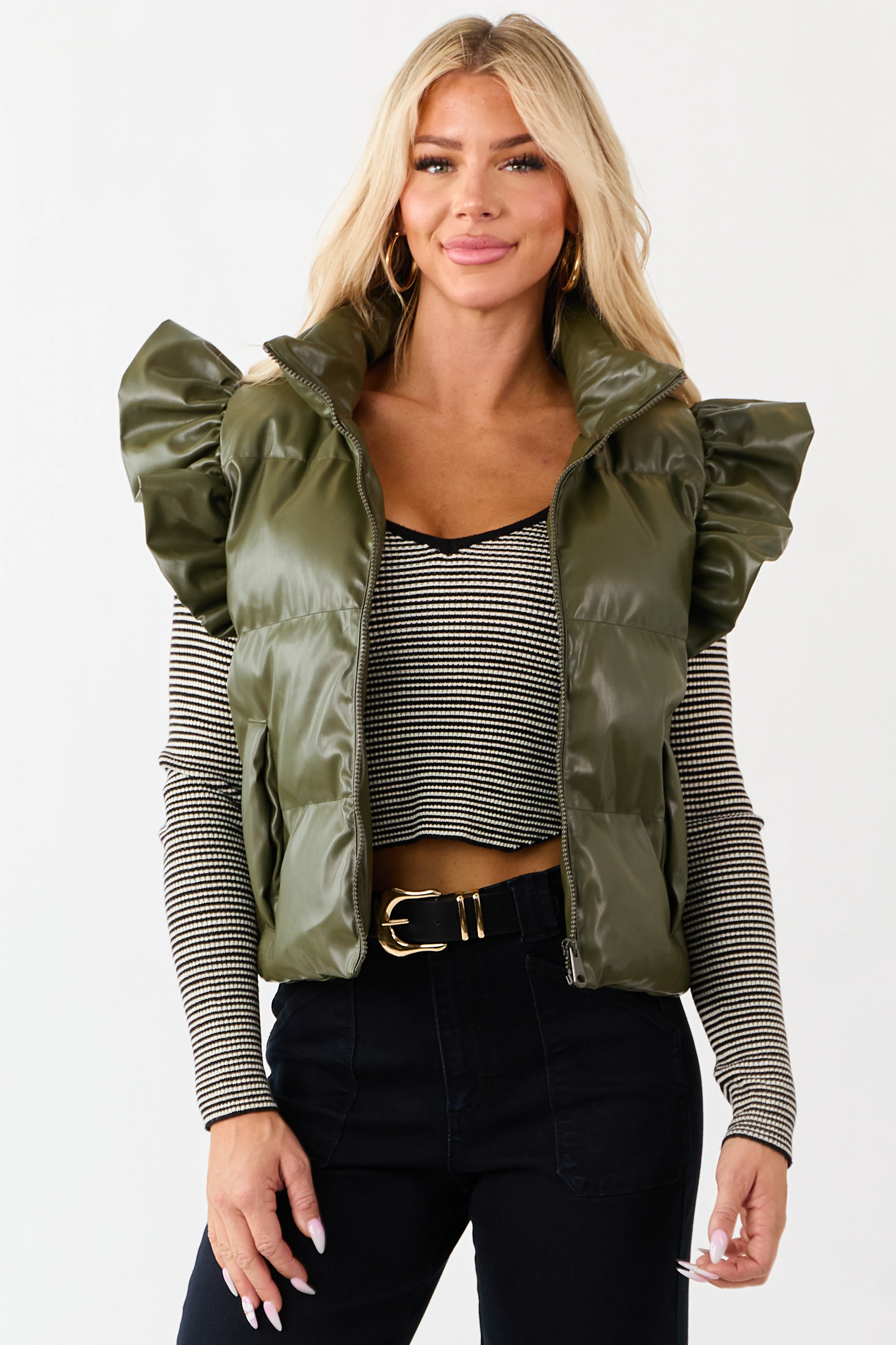 Lovelo Olive Faux Leather Ruffle Sleeve Puff Vest - Image 3