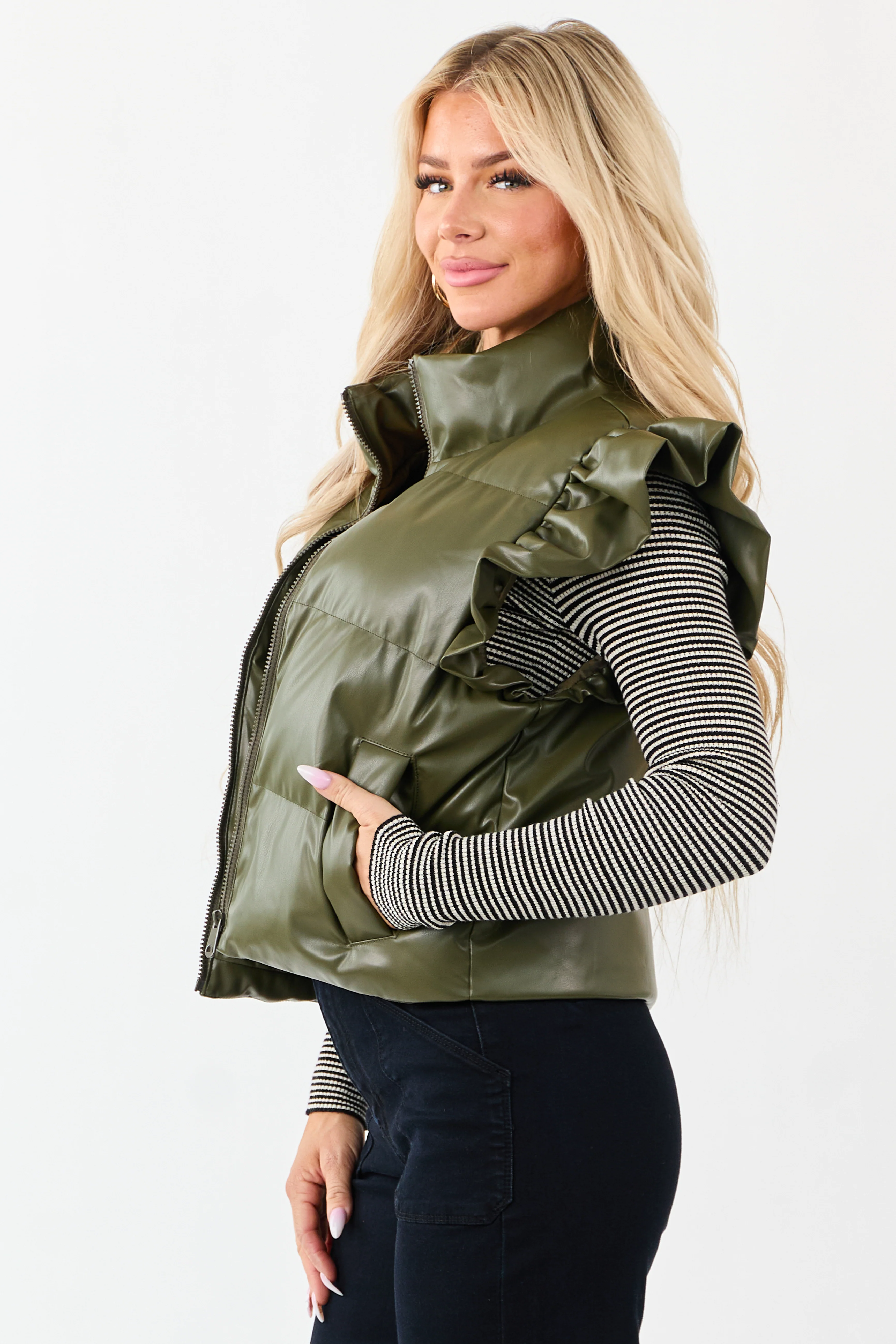 Lovelo Olive Faux Leather Ruffle Sleeve Puff Vest - Image 4