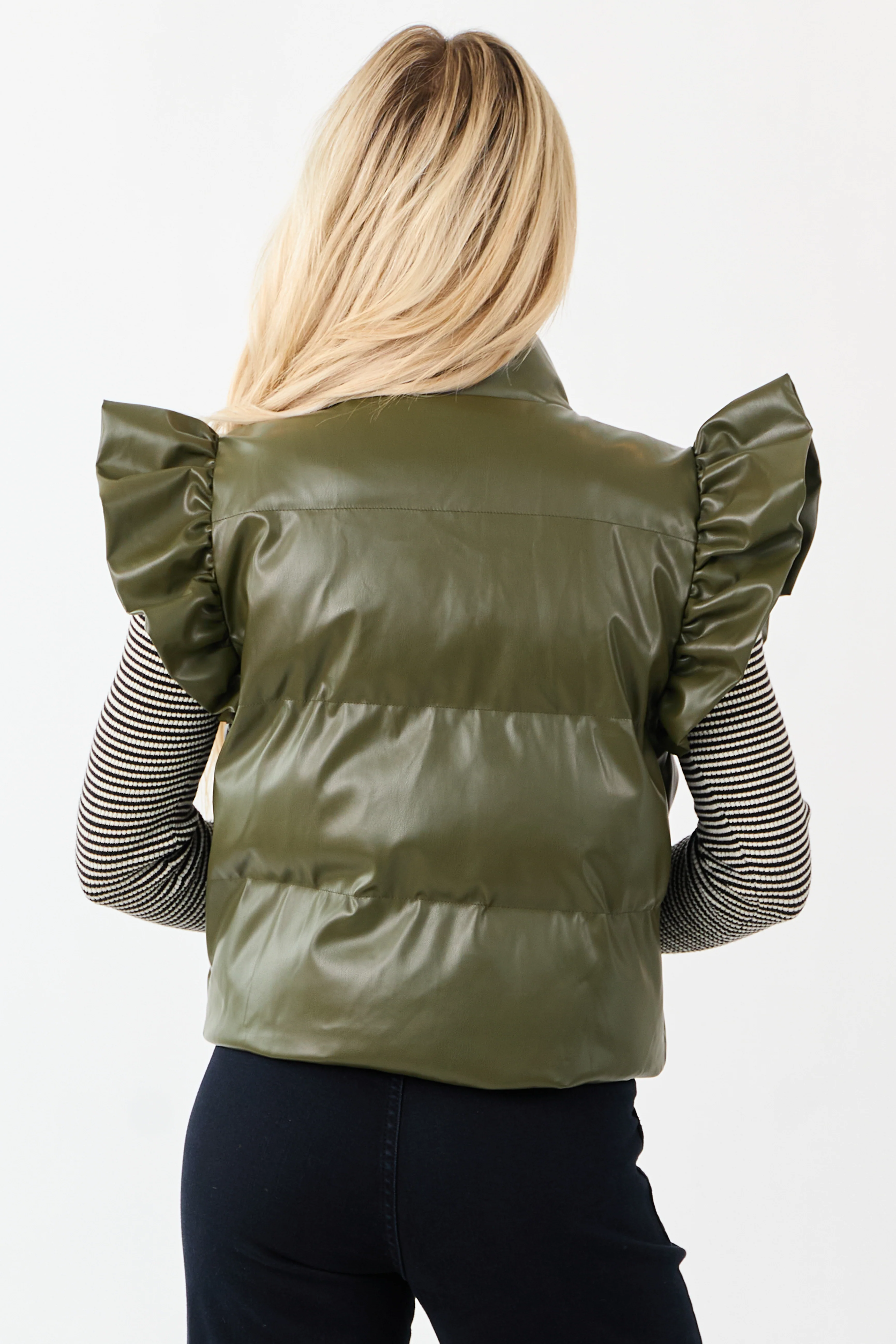 Lovelo Olive Faux Leather Ruffle Sleeve Puff Vest - Image 5