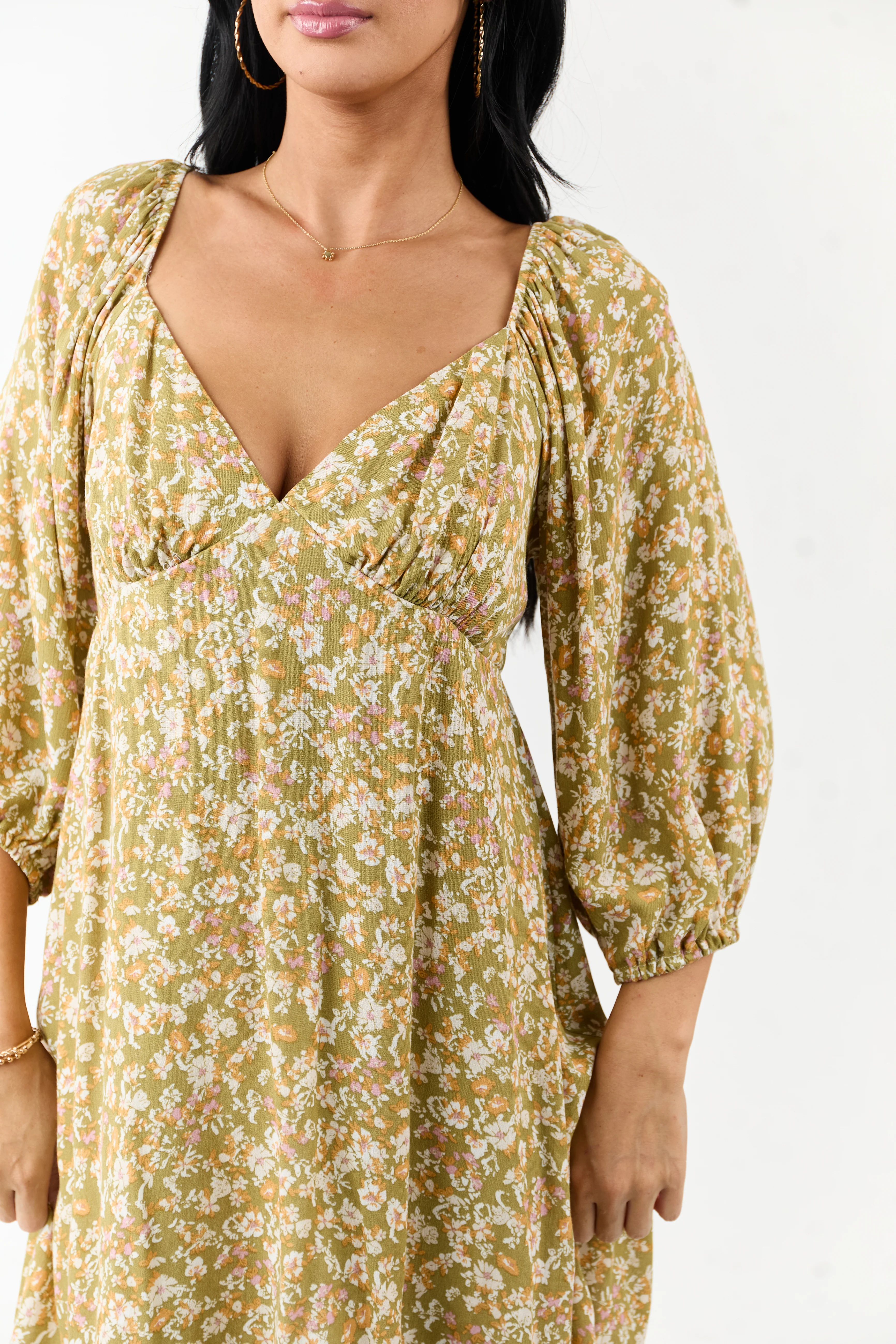 Lovelo Pistachio Floral 3/4 Bubble Sleeve Mini Dress - Image 2