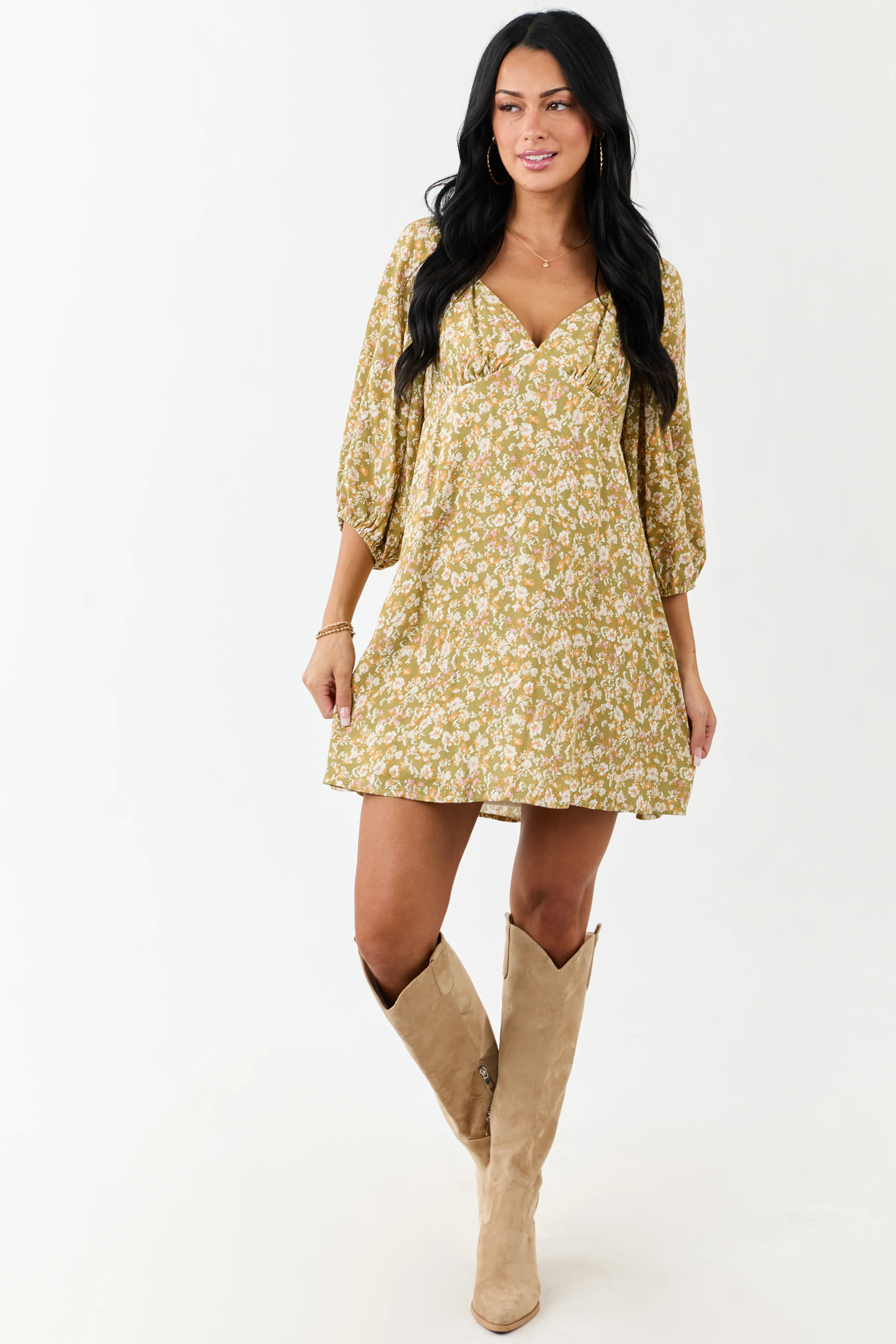 Lovelo Pistachio Floral 3/4 Bubble Sleeve Mini Dress - Image 3