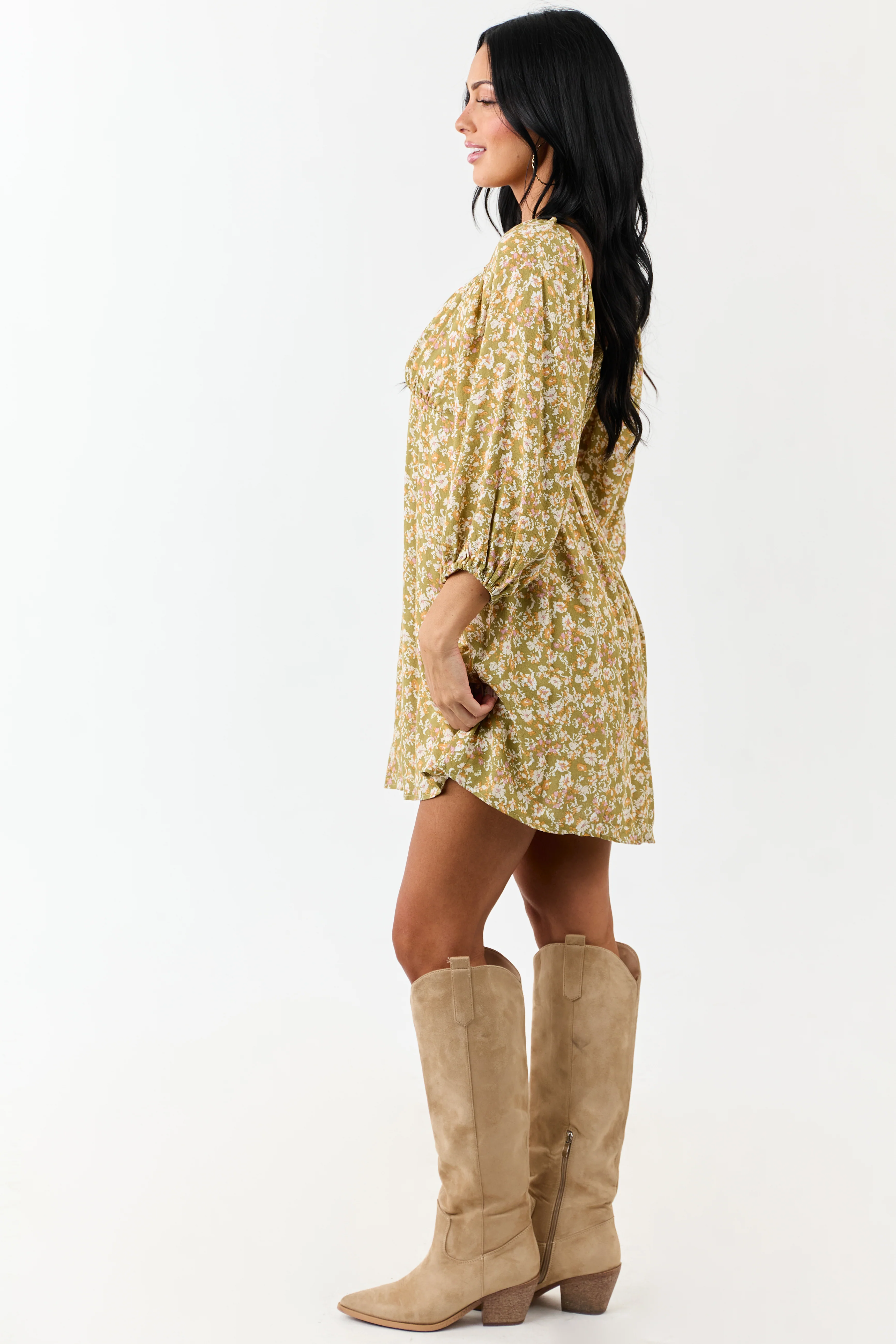 Lovelo Pistachio Floral 3/4 Bubble Sleeve Mini Dress - Image 5
