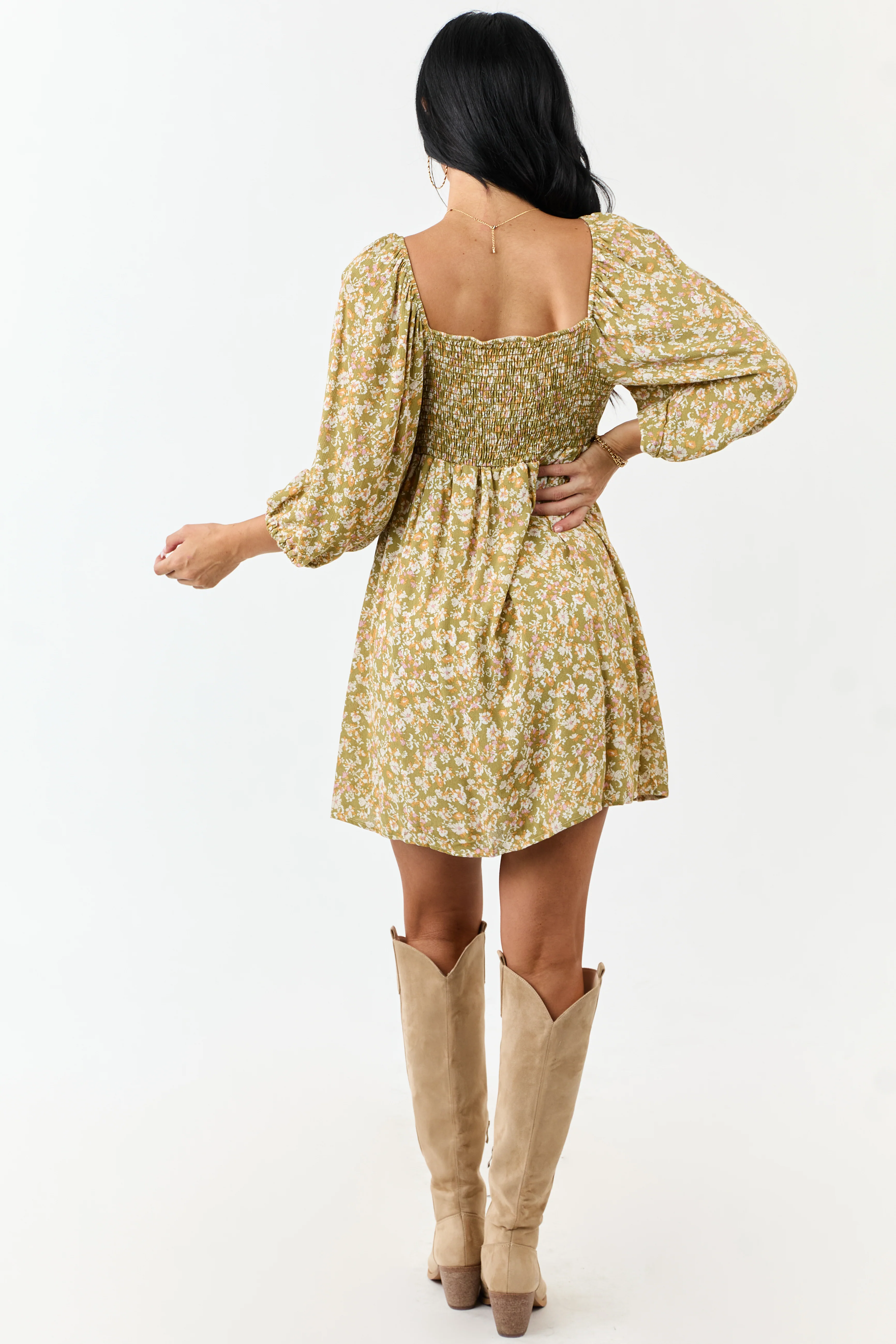 Lovelo Pistachio Floral 3/4 Bubble Sleeve Mini Dress - Image 6
