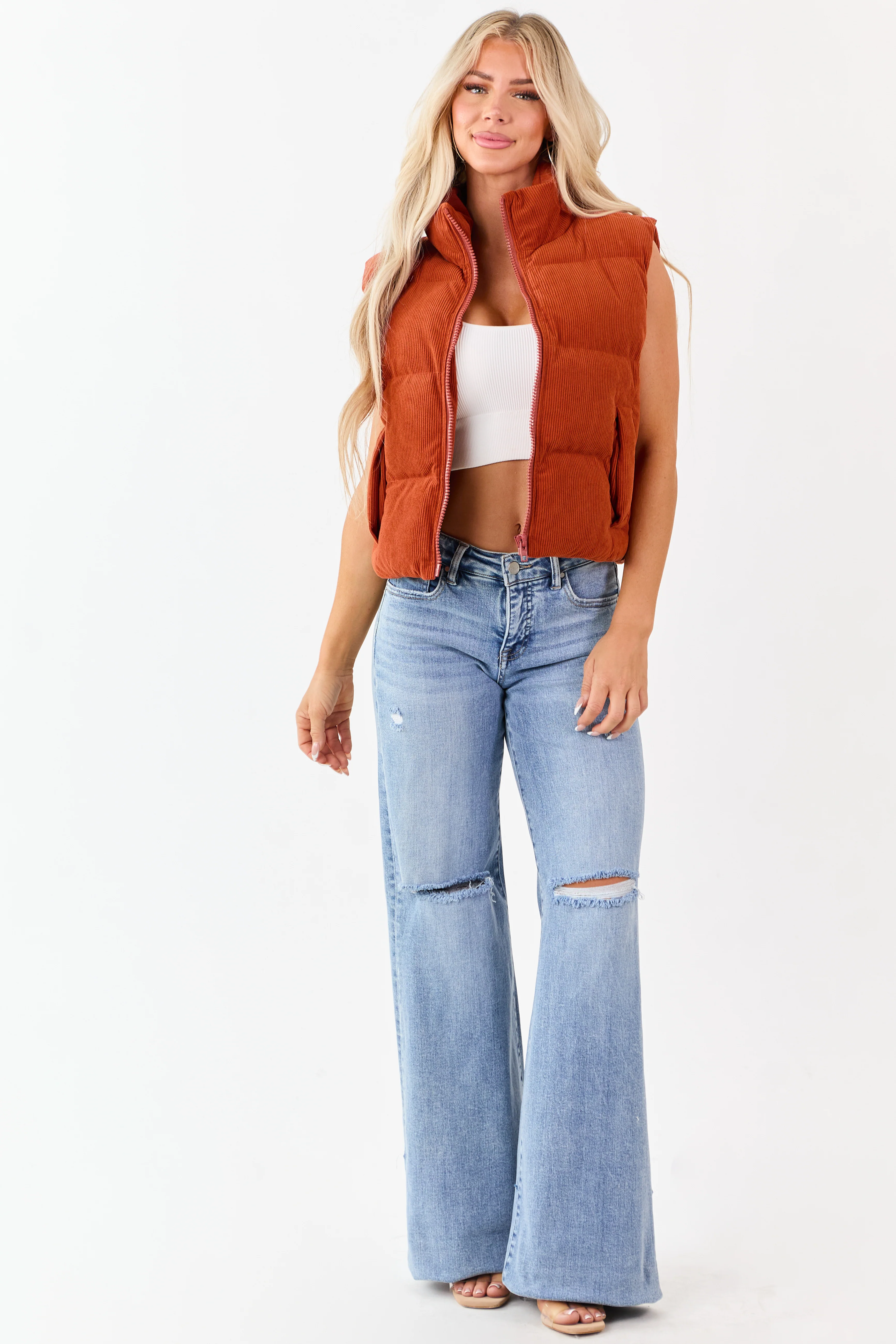 Lovelo Pumpkin Spice Corduroy Zip Up Puffer Vest - Image 2