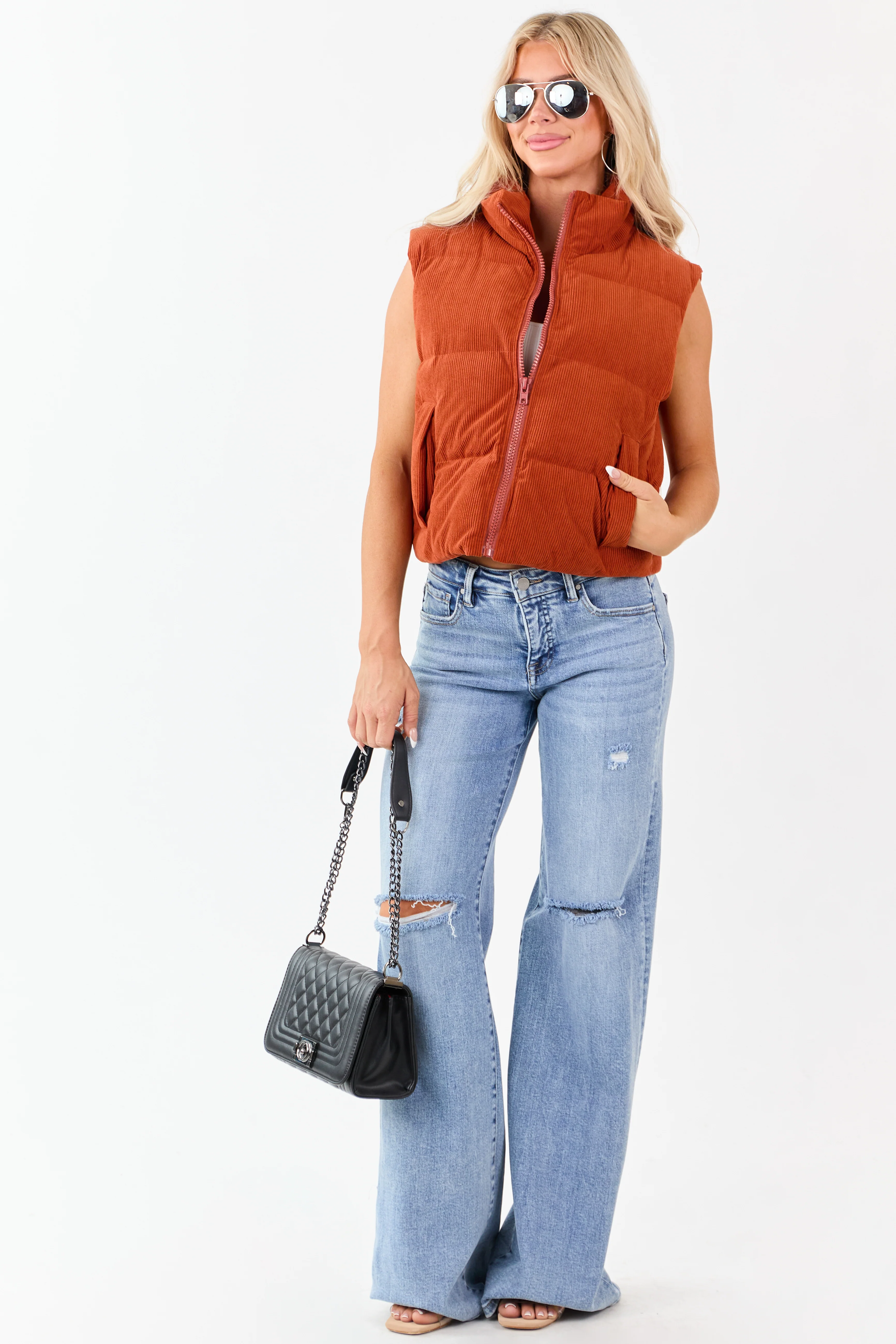 Lovelo Pumpkin Spice Corduroy Zip Up Puffer Vest - Image 4