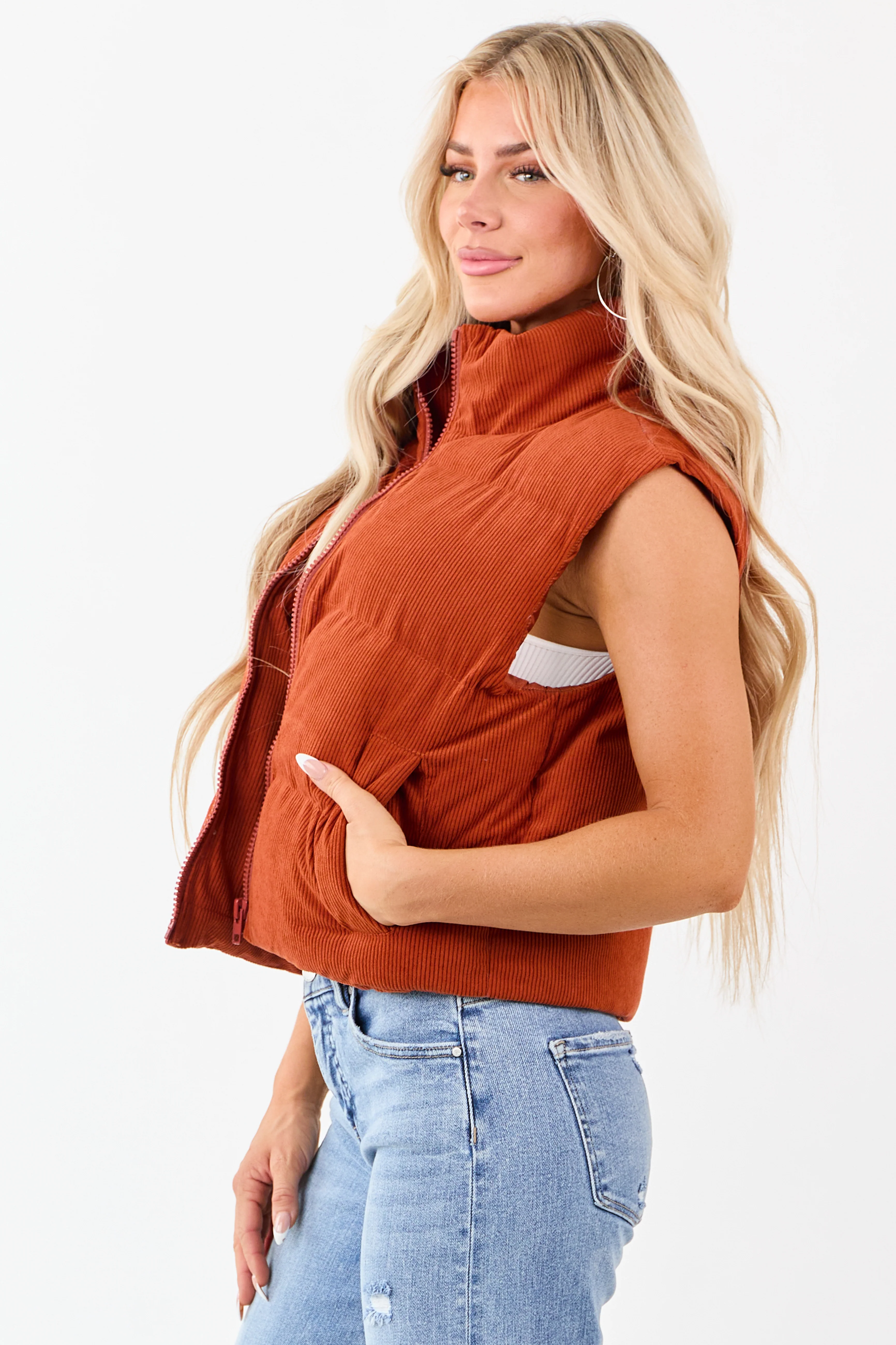 Lovelo Pumpkin Spice Corduroy Zip Up Puffer Vest - Image 5