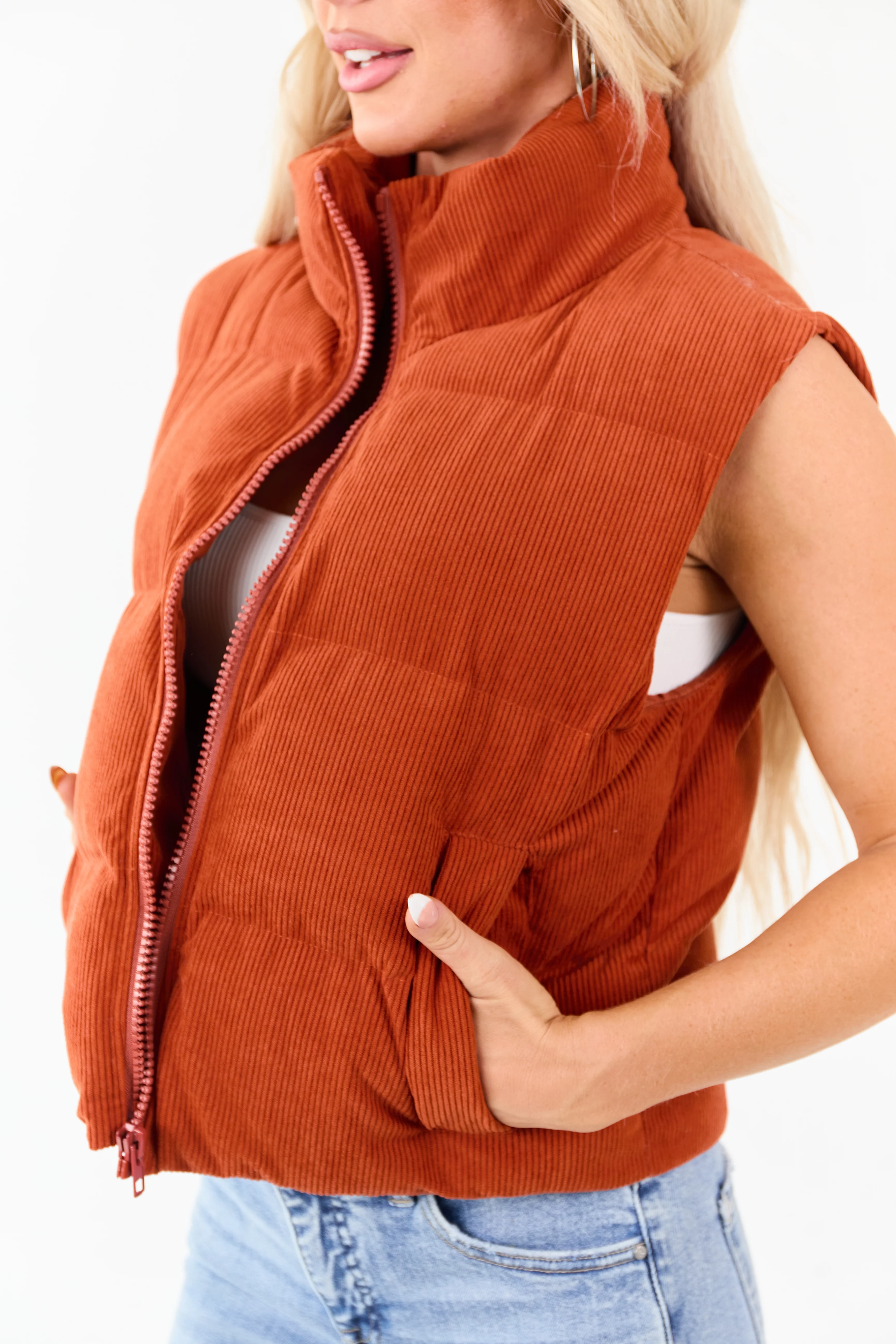 Lovelo Pumpkin Spice Corduroy Zip Up Puffer Vest - Image 7