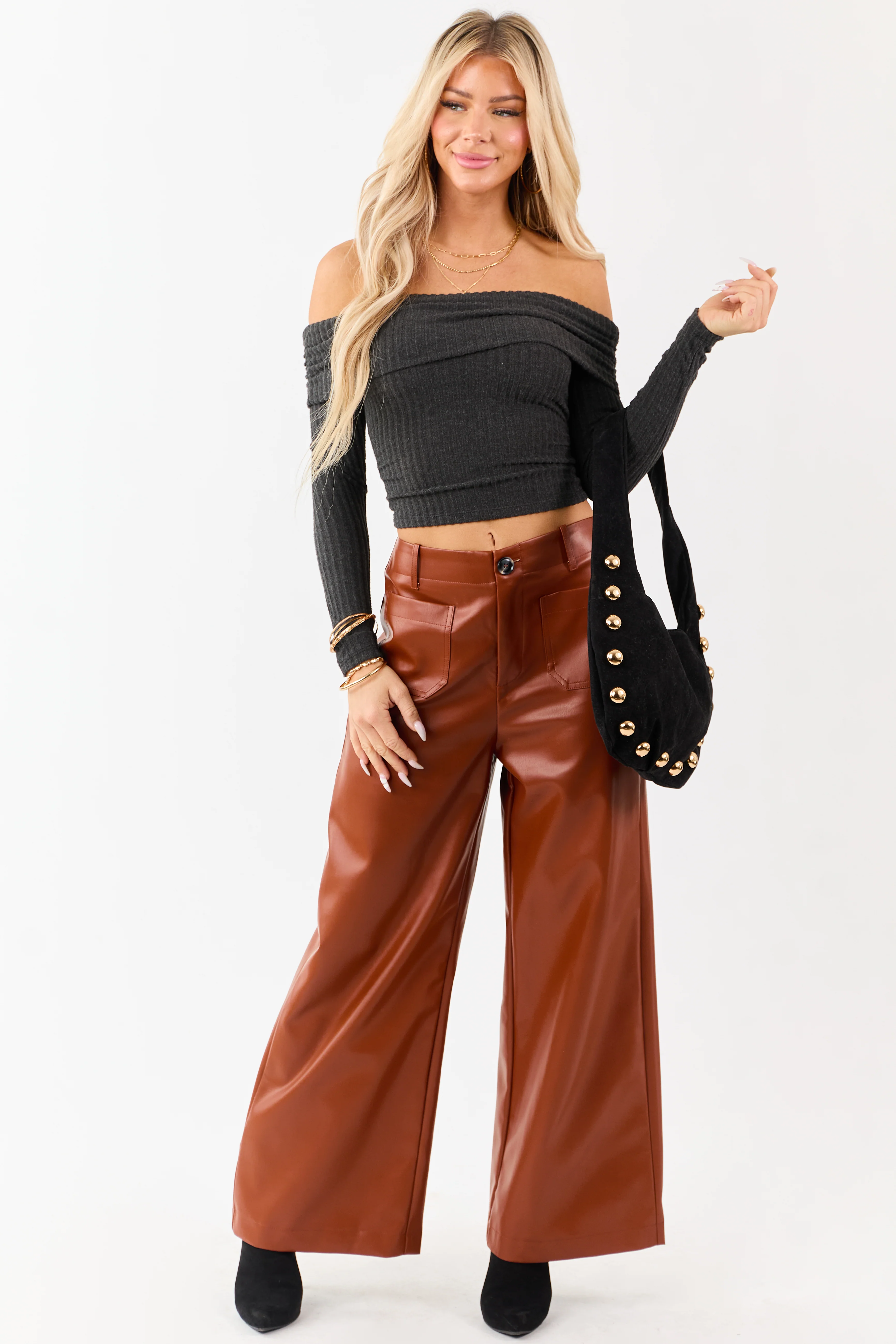 Lovelo Rust Faux Leather Wide Leg Pants - Image 5