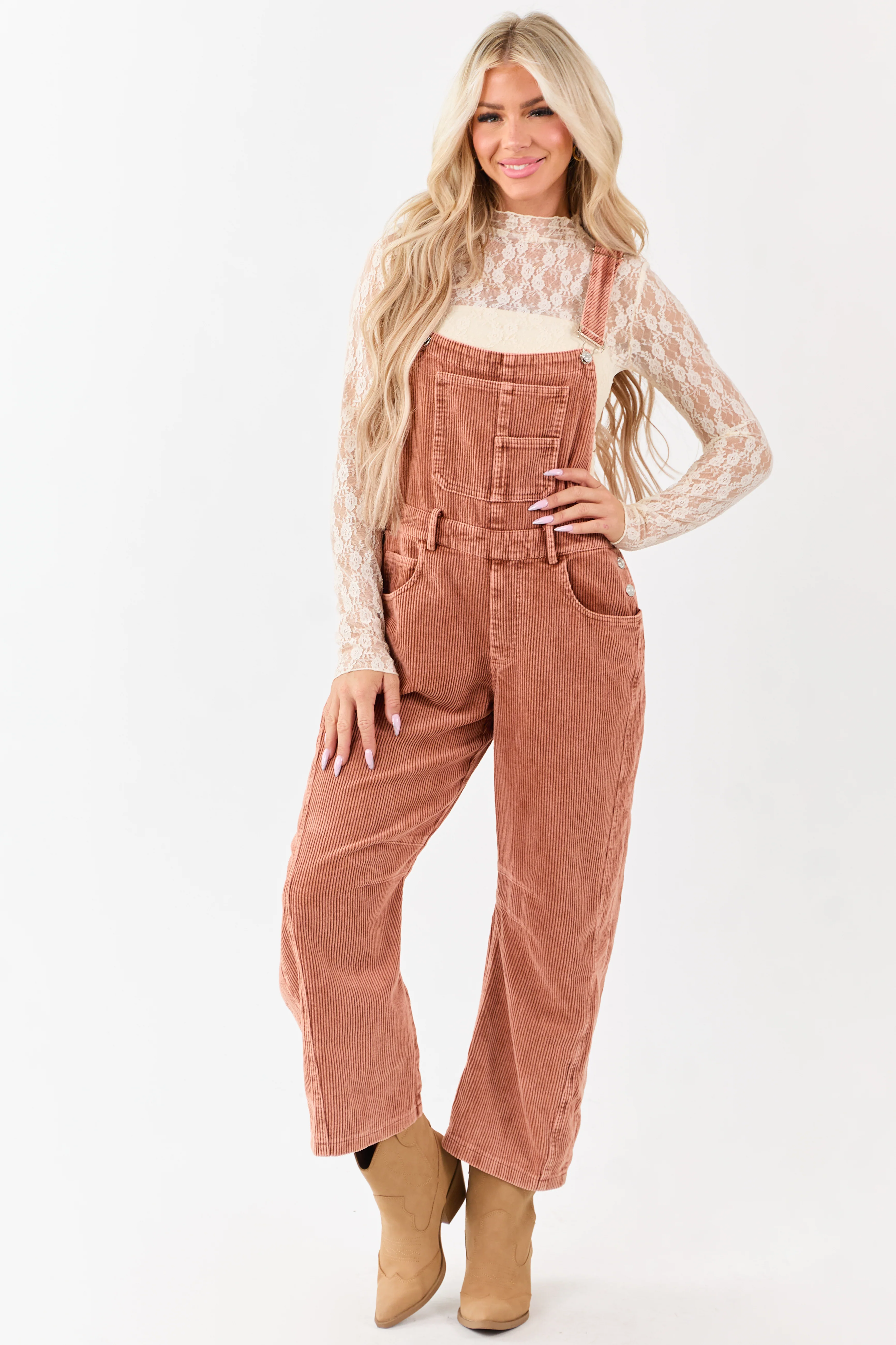 Lovelo Terracotta Corduroy Straight Leg Overalls - Image 3