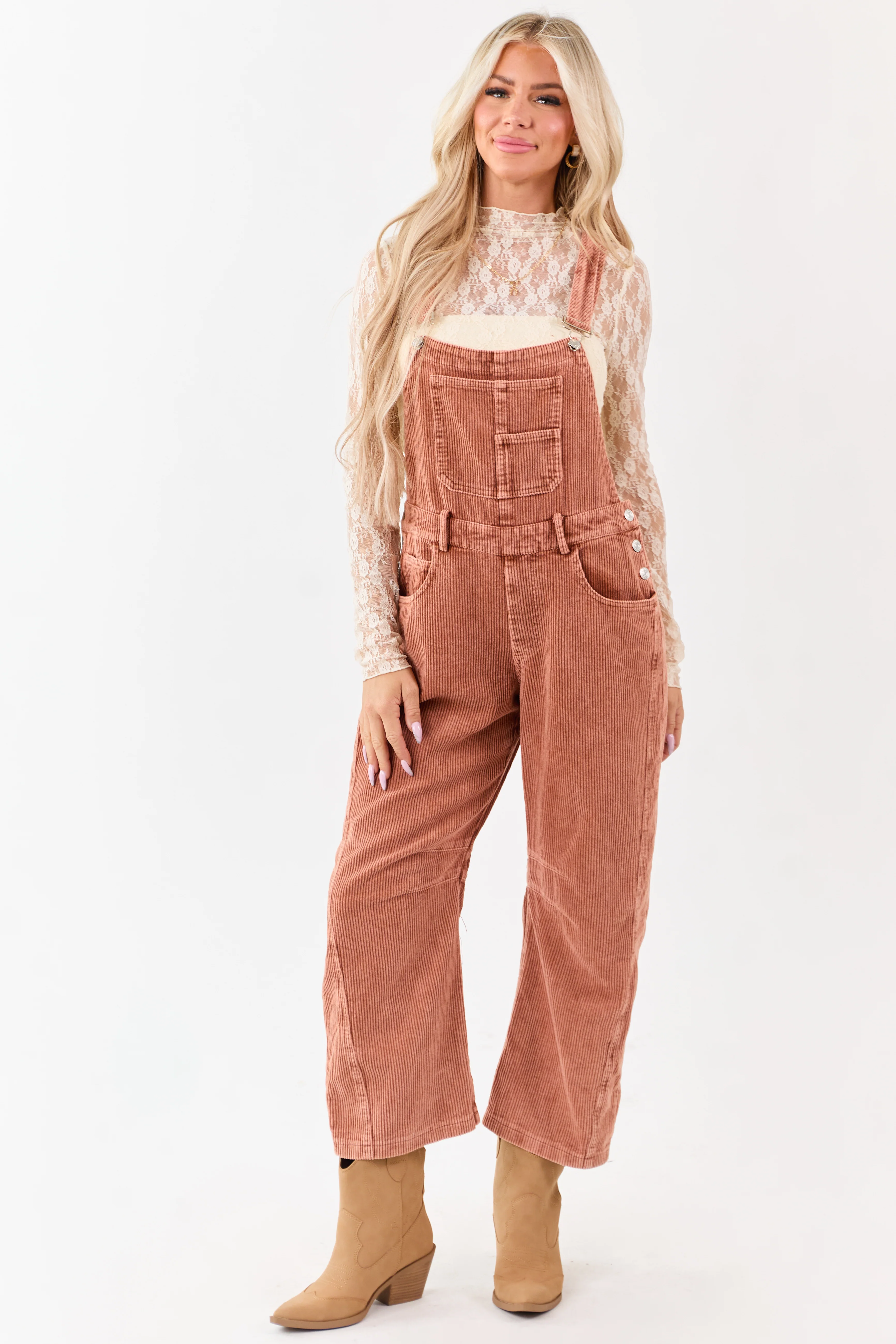 Lovelo Terracotta Corduroy Straight Leg Overalls - Image 4