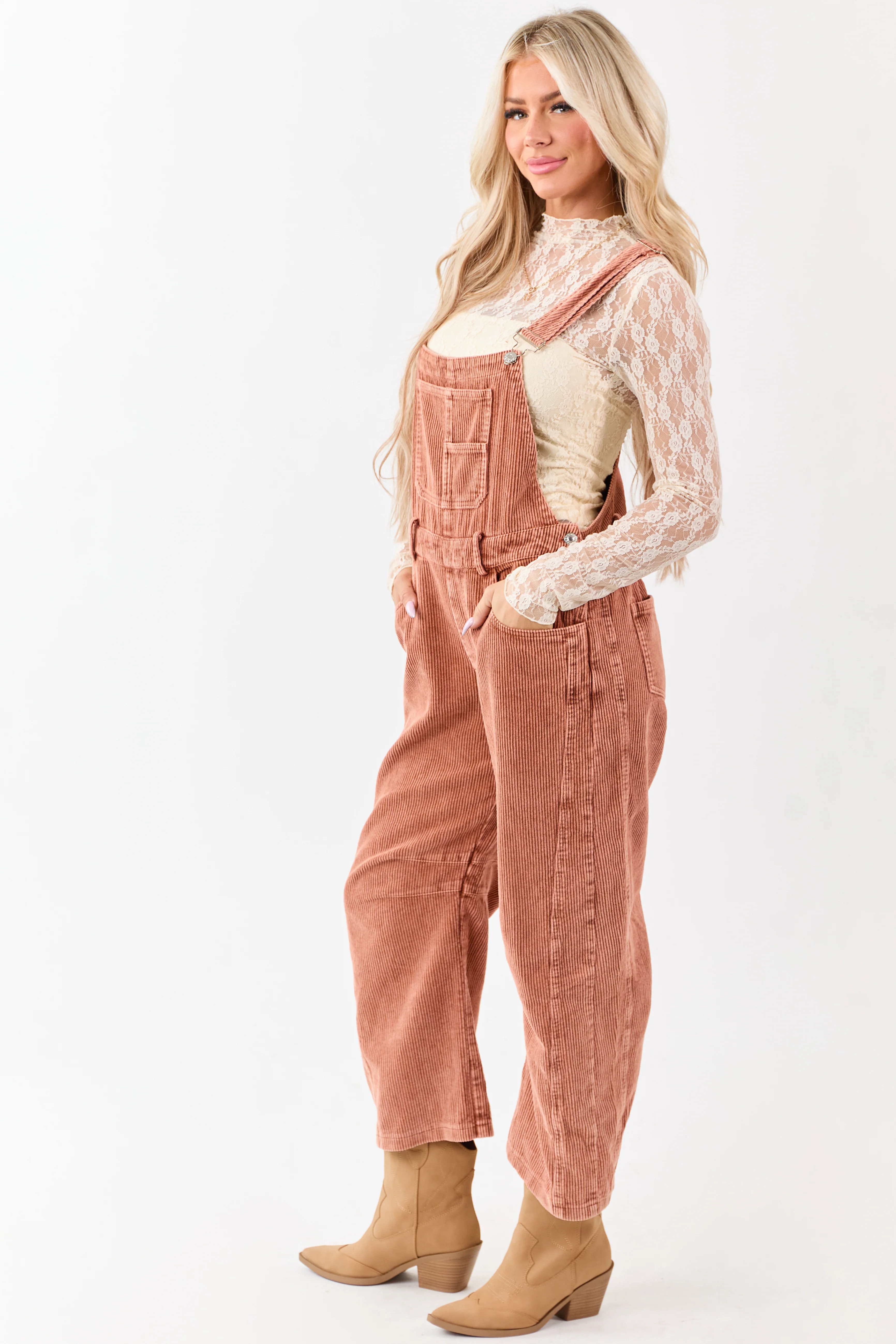 Lovelo Terracotta Corduroy Straight Leg Overalls - Image 5