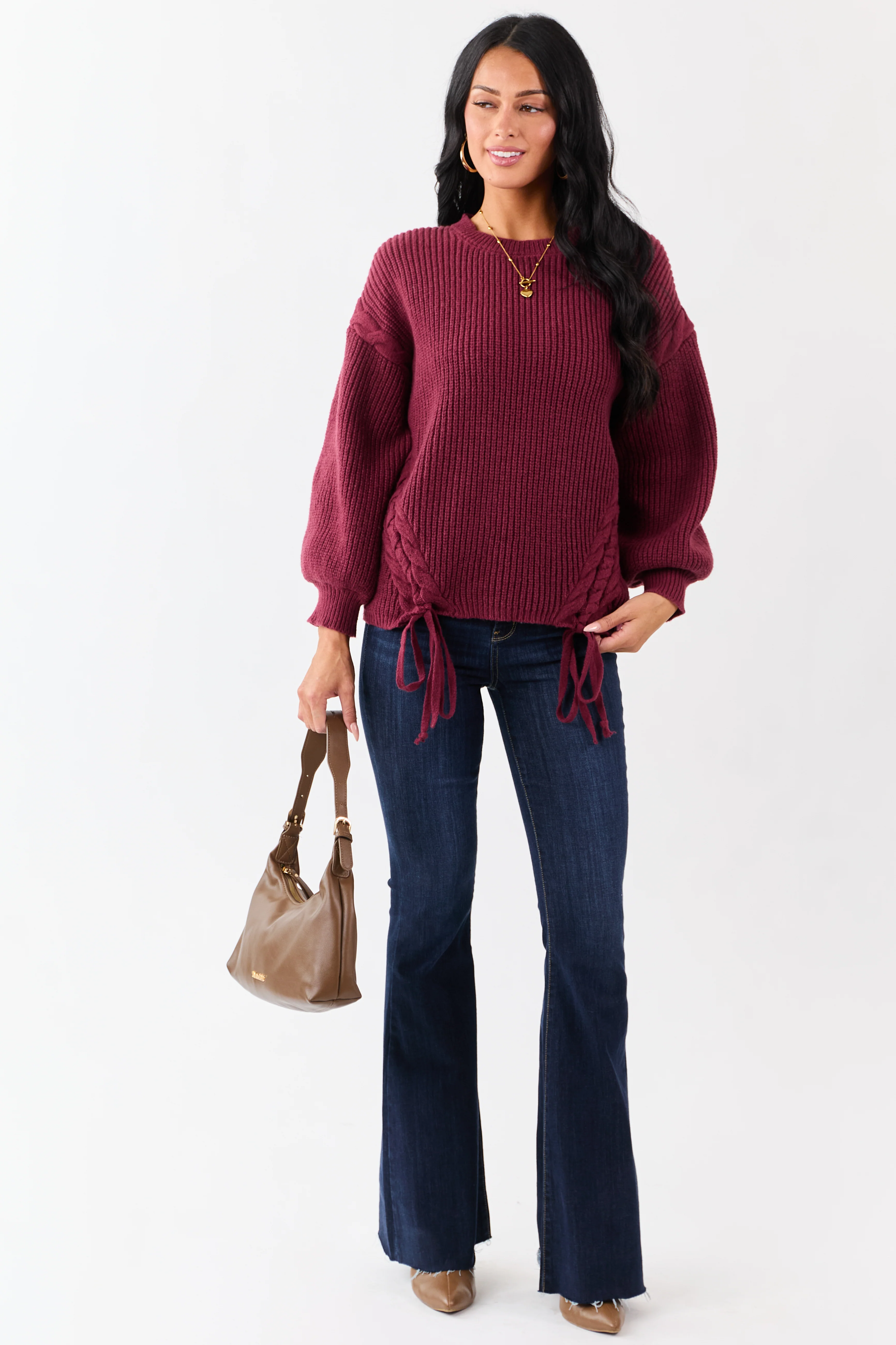 Lovelo Wine Lace Up Side Puff Sleeve Sweater - Image 2