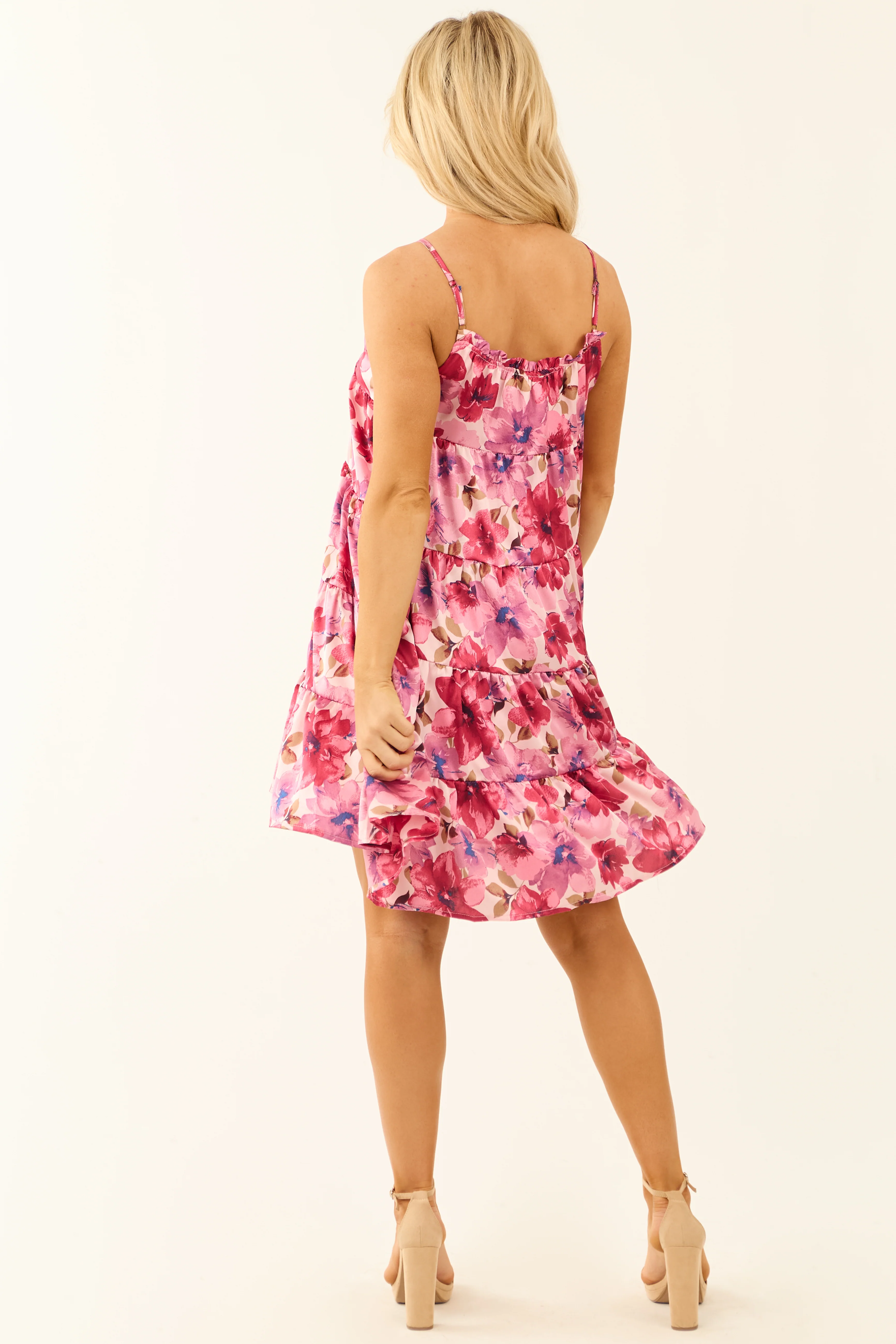 Magenta Floral Print Satin Tiered Mini Dress - Image 5