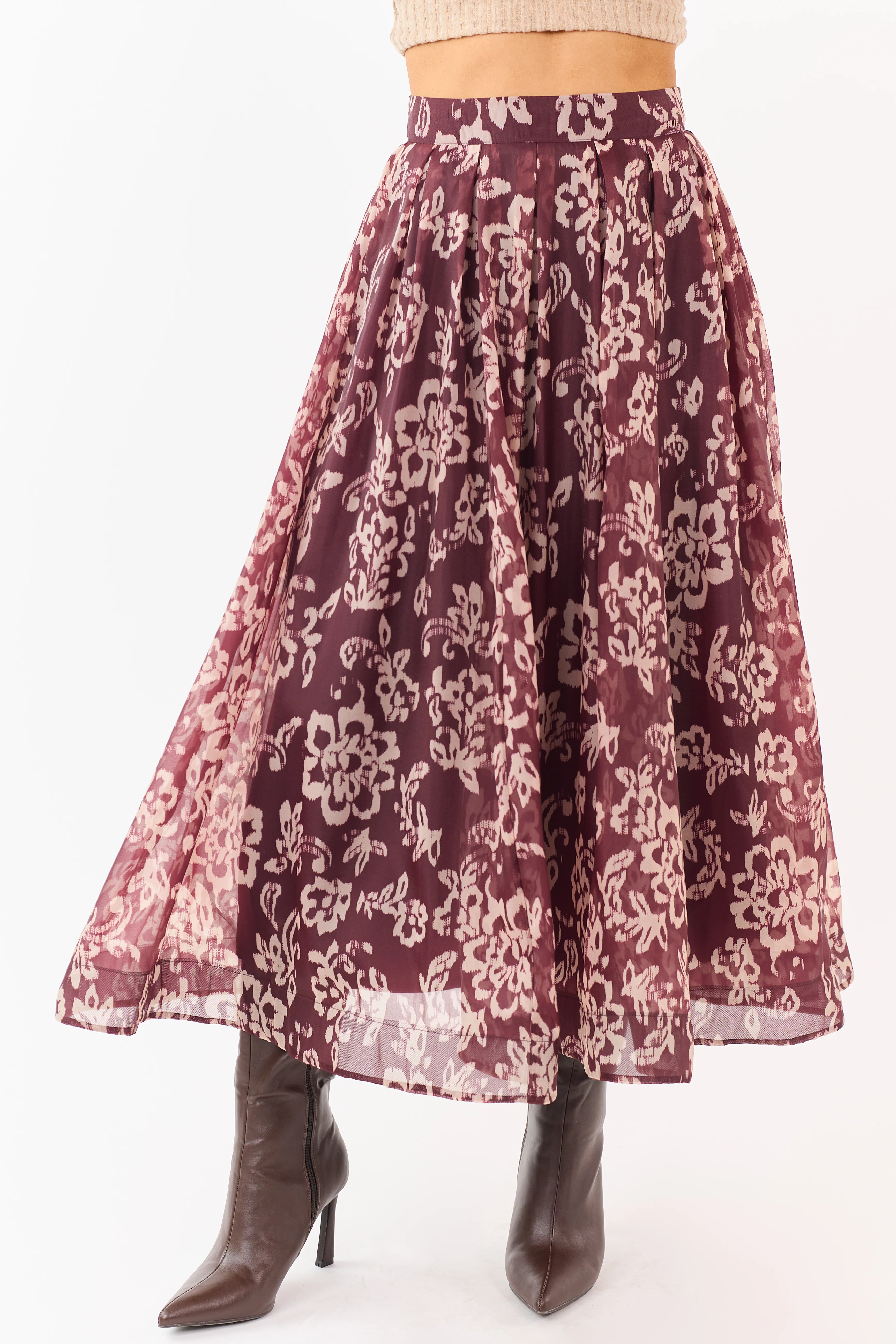 Mahogany and Latte Floral Print Pleated Midi Skirt - Image 2