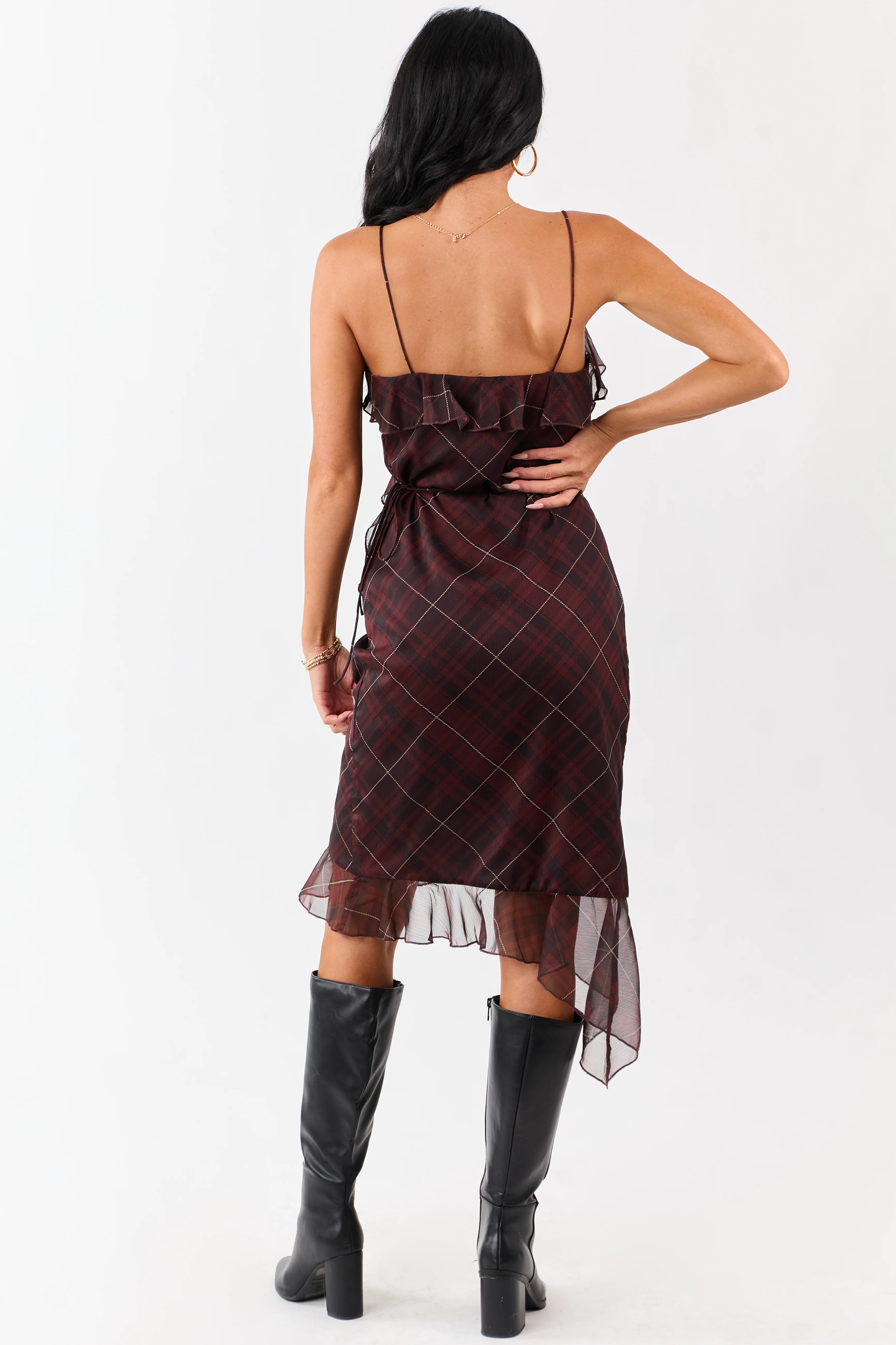 Mahogany Plaid Ruffled Wrap Style Short Dress - Image 4