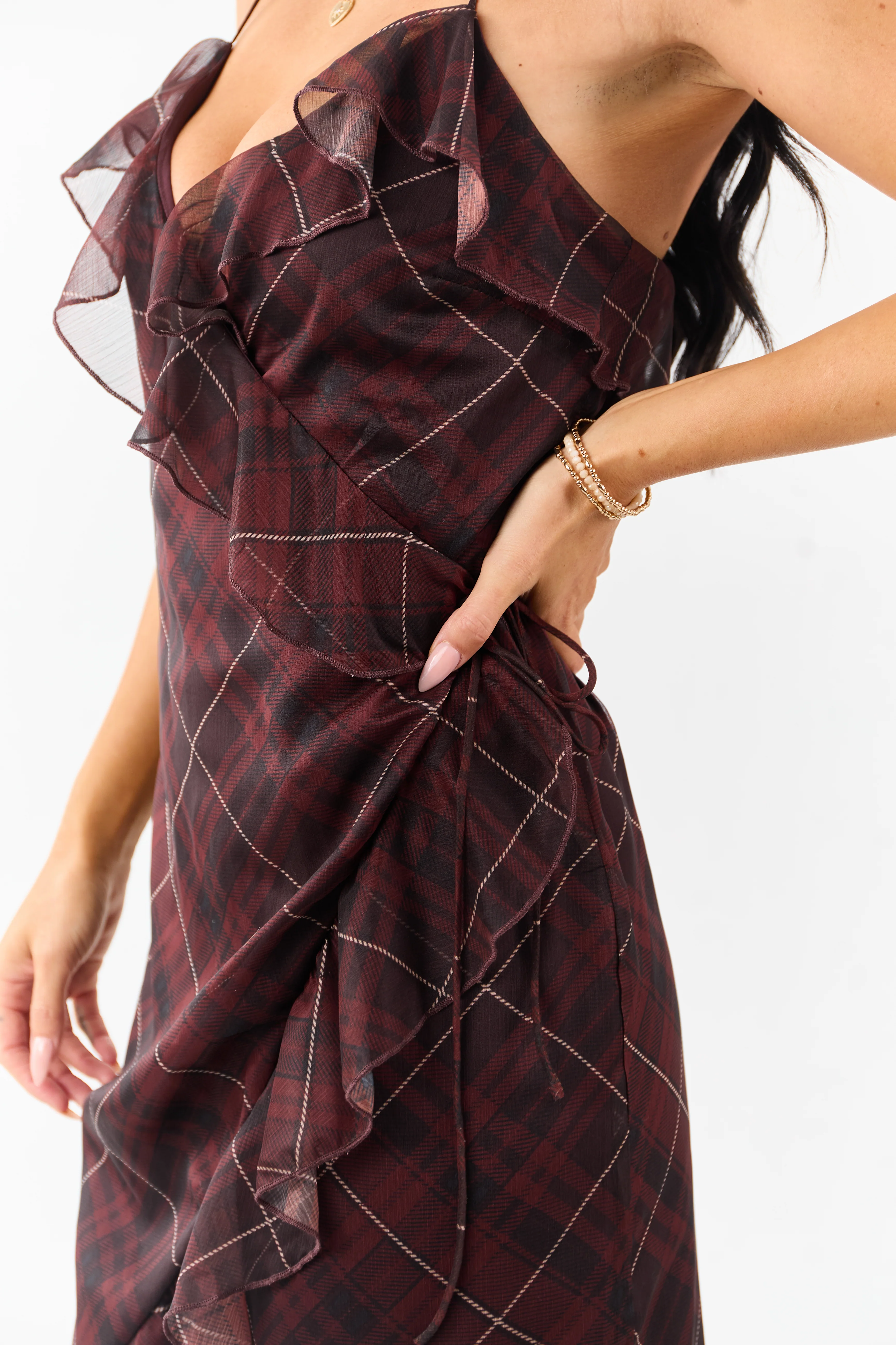 Mahogany Plaid Ruffled Wrap Style Short Dress - Image 5