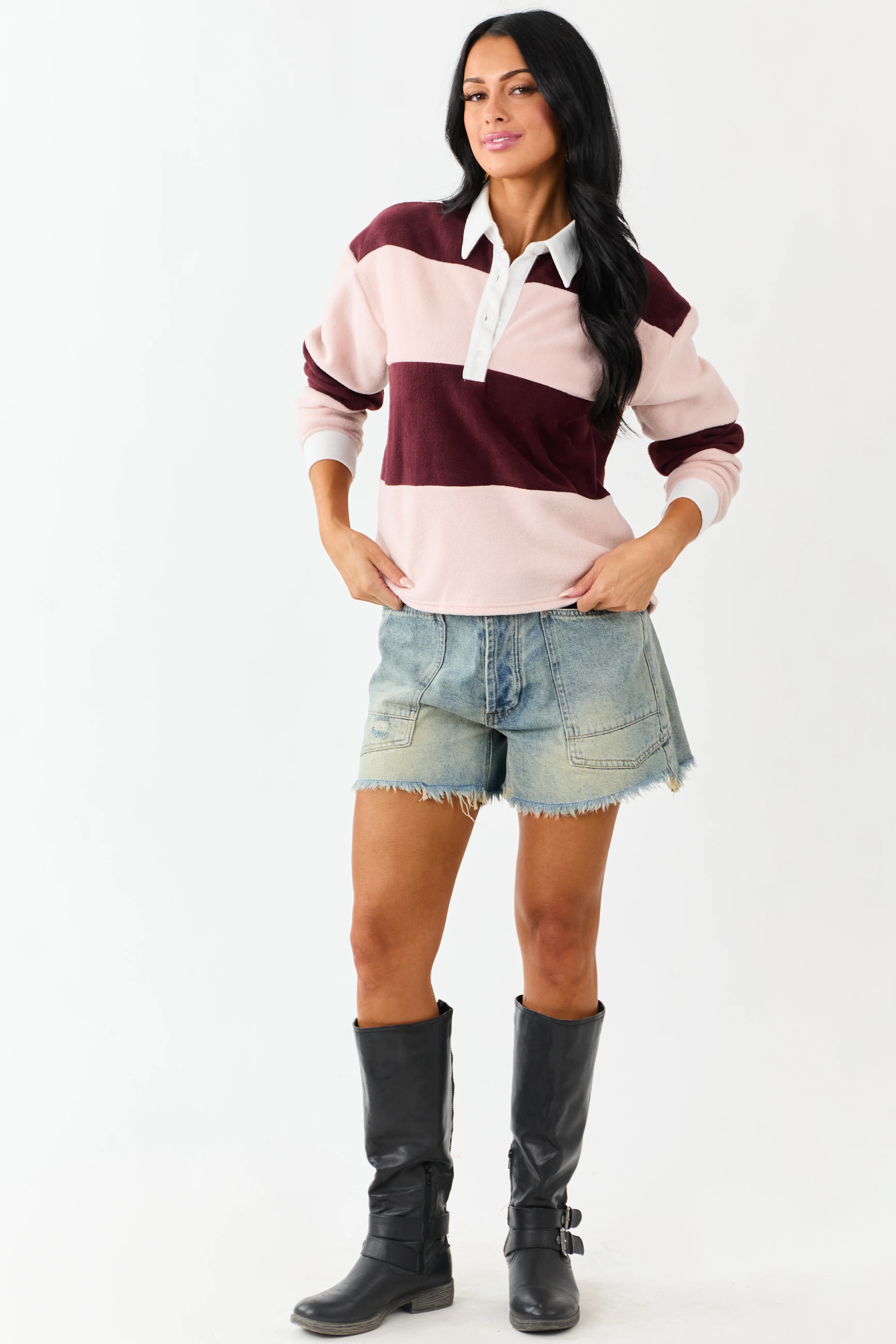 Mahogany Rugby Stripe Fleece Long Sleeve Polo Top - Image 2