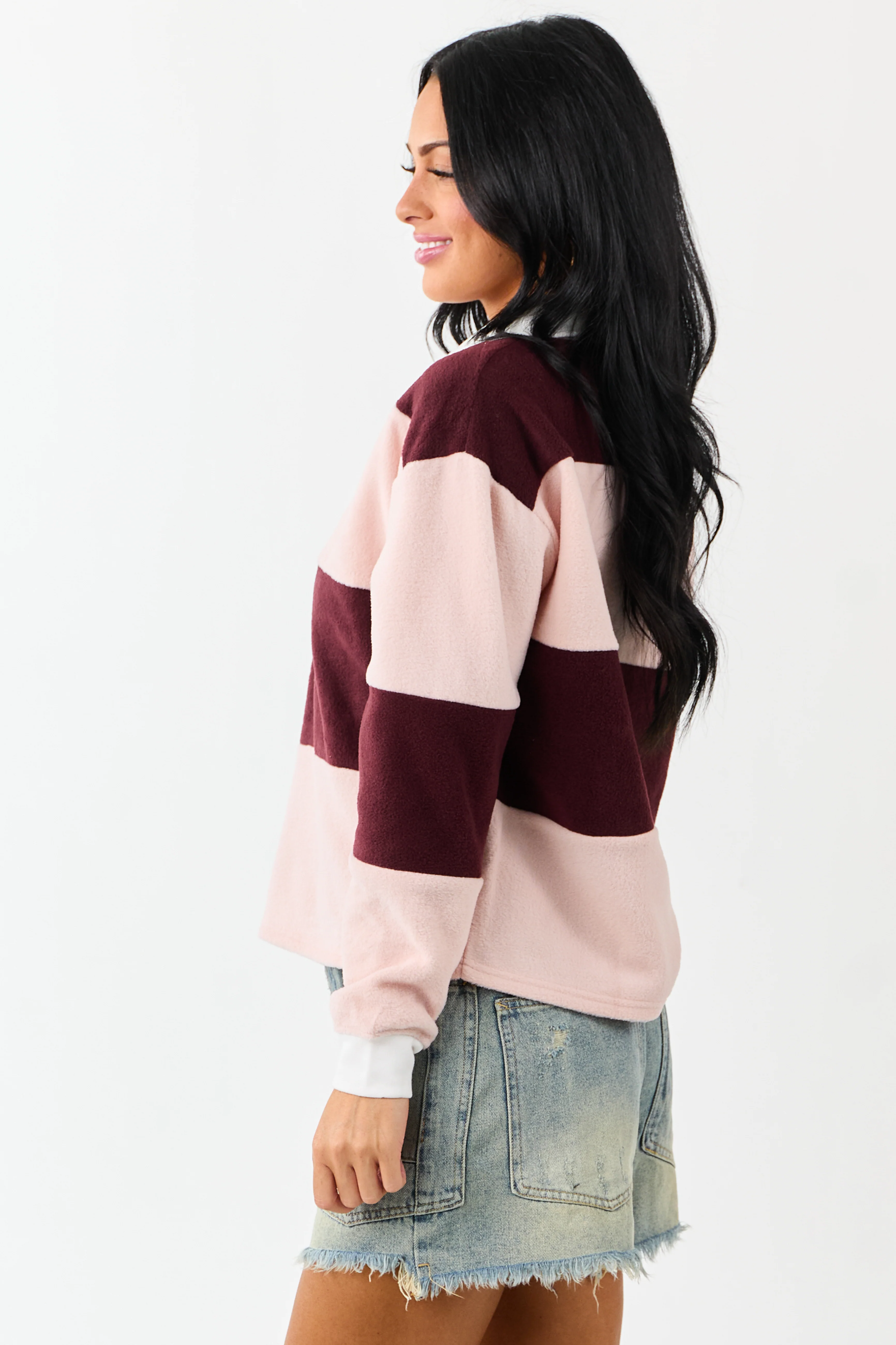 Mahogany Rugby Stripe Fleece Long Sleeve Polo Top - Image 4