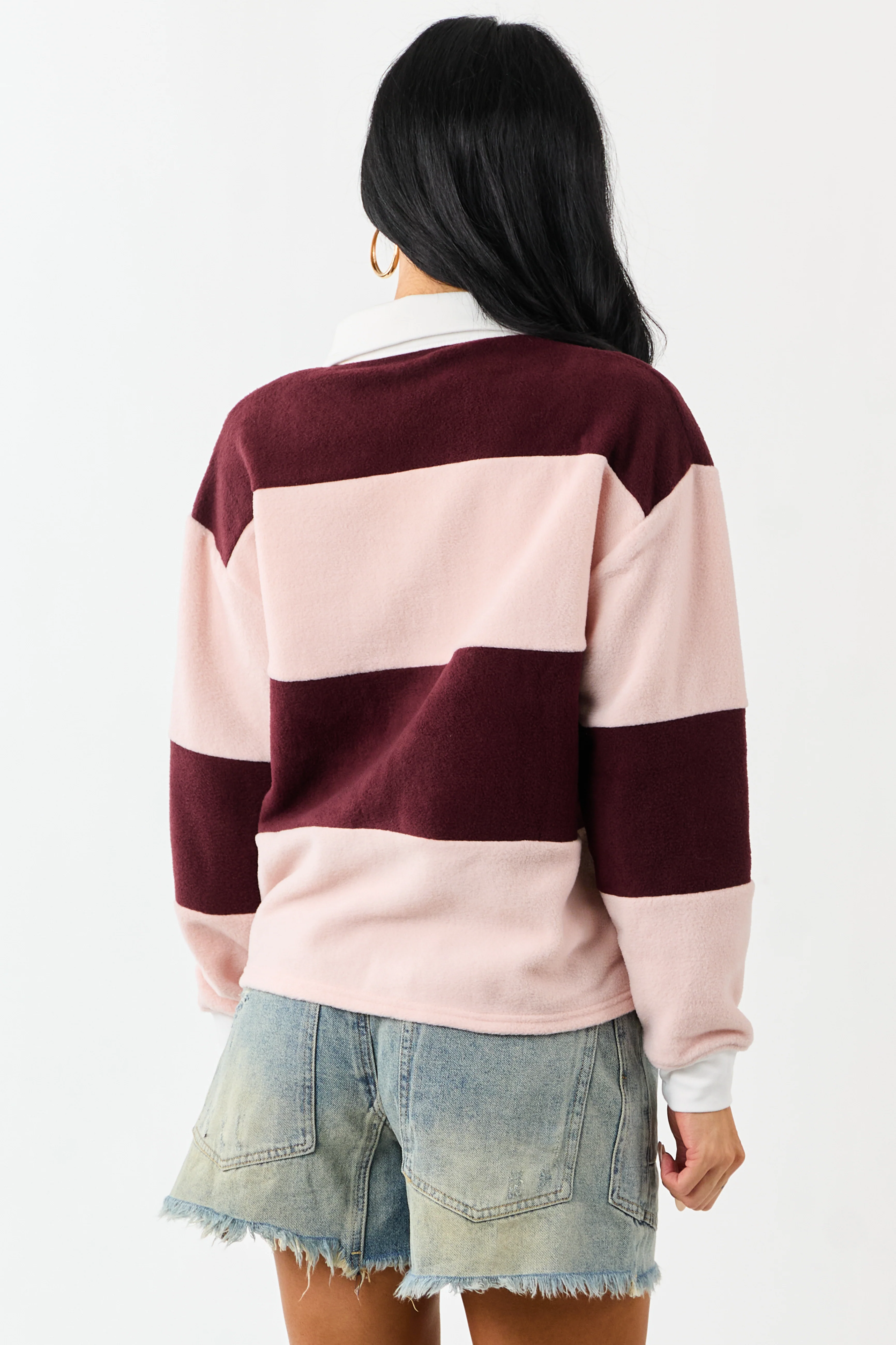 Mahogany Rugby Stripe Fleece Long Sleeve Polo Top - Image 5