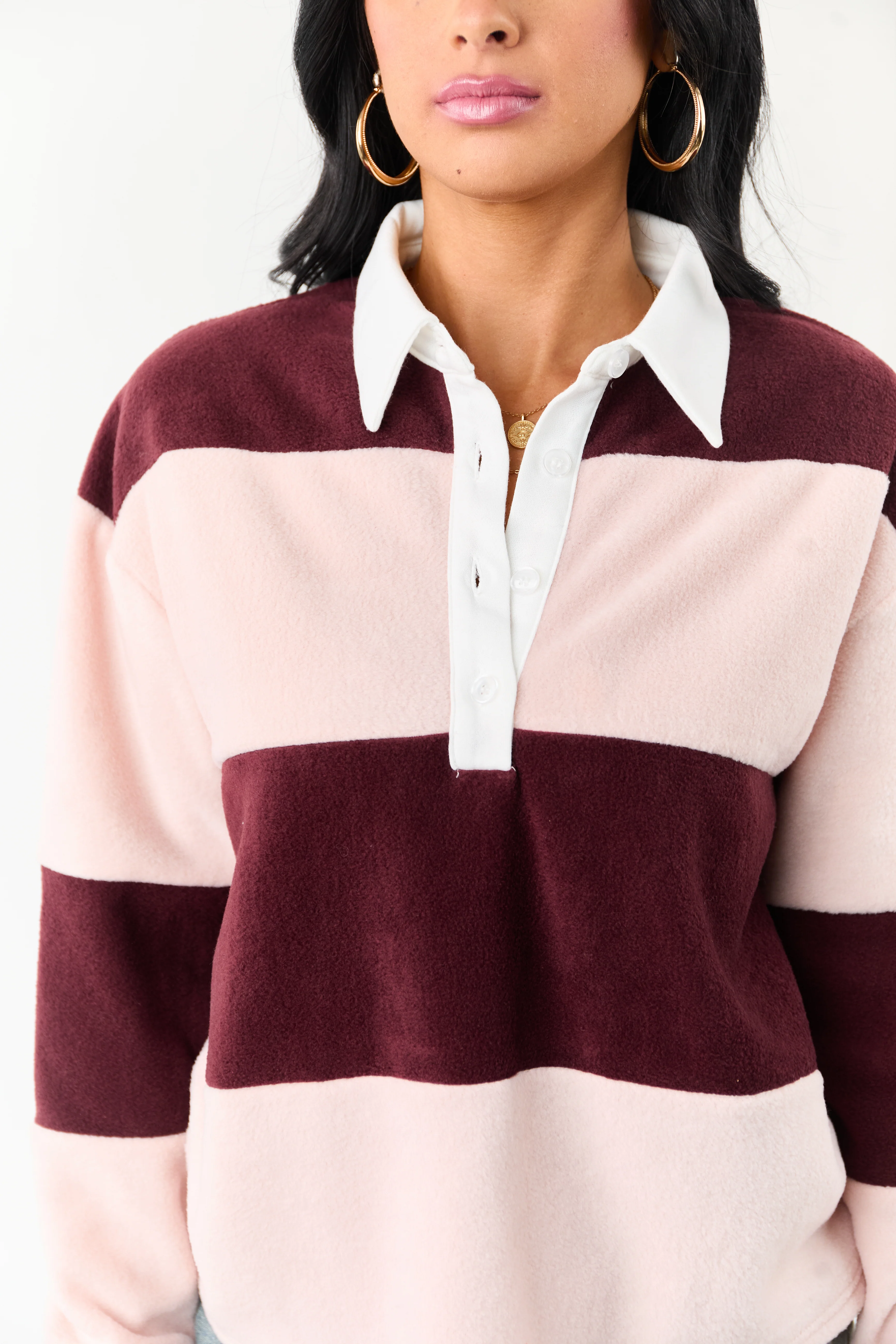 Mahogany Rugby Stripe Fleece Long Sleeve Polo Top - Image 6