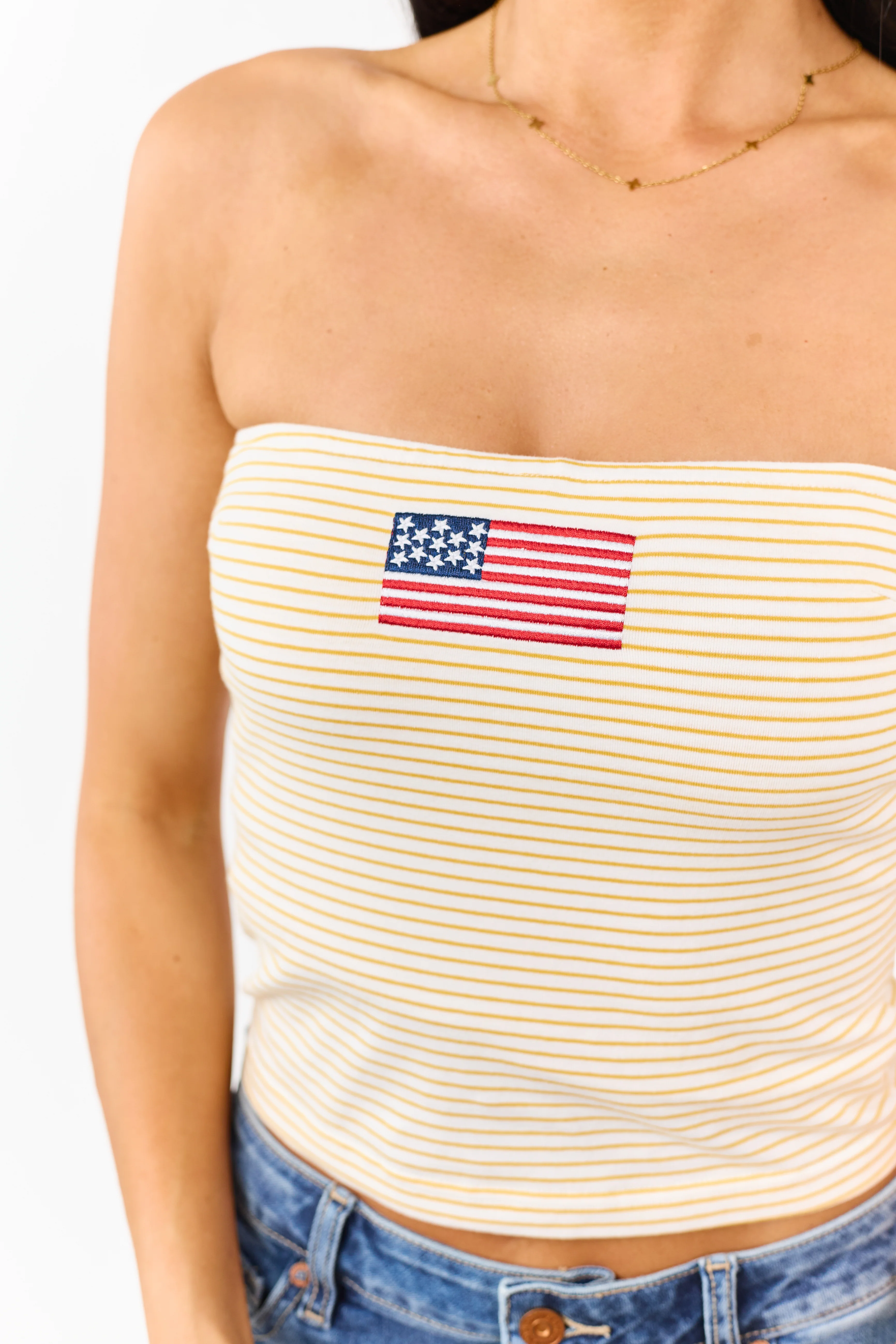 Marigold Striped American Flag Graphic Strapless Top - Image 5