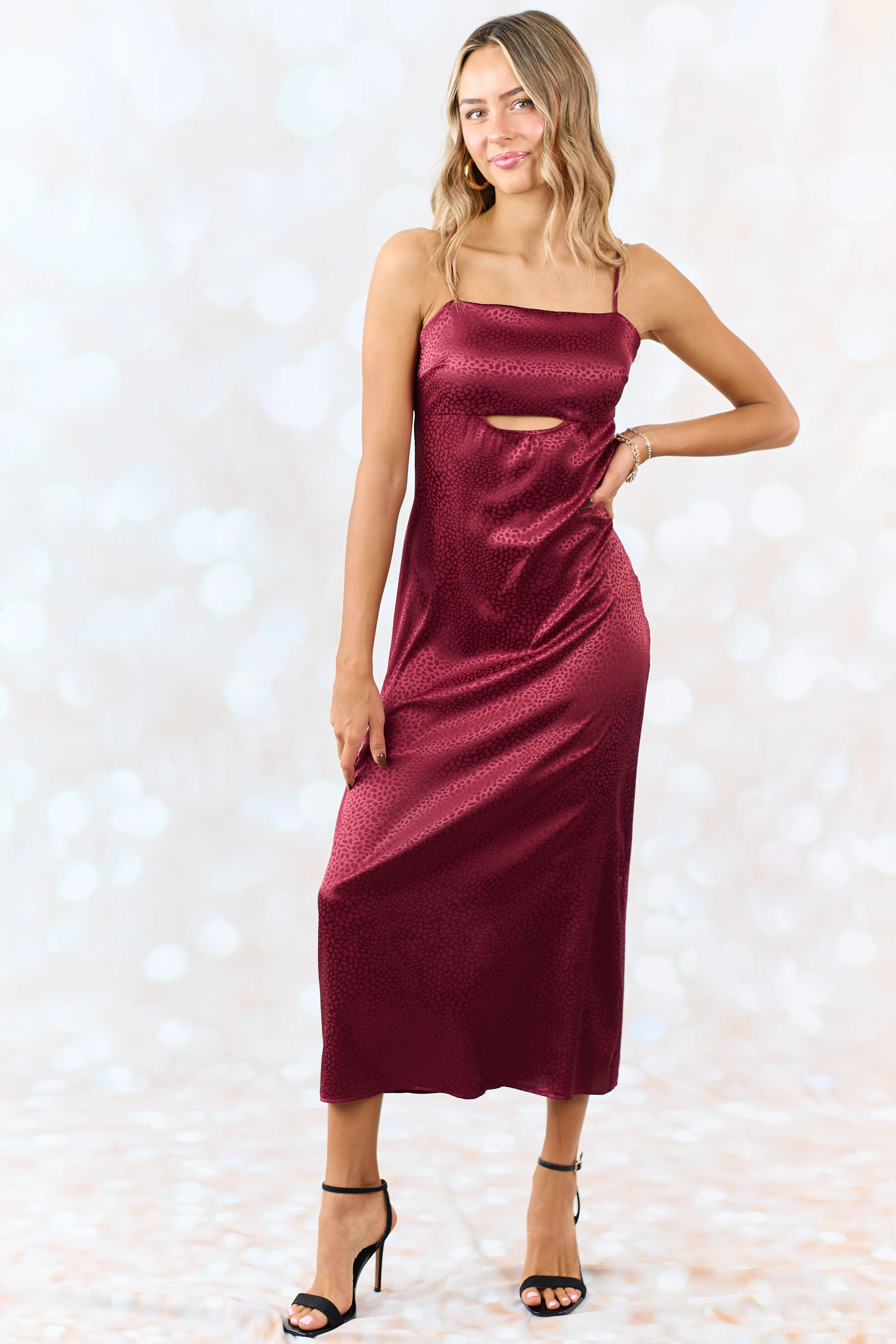 Maroon Animal Print Sleeveless Satin Midi Dress - Image 2